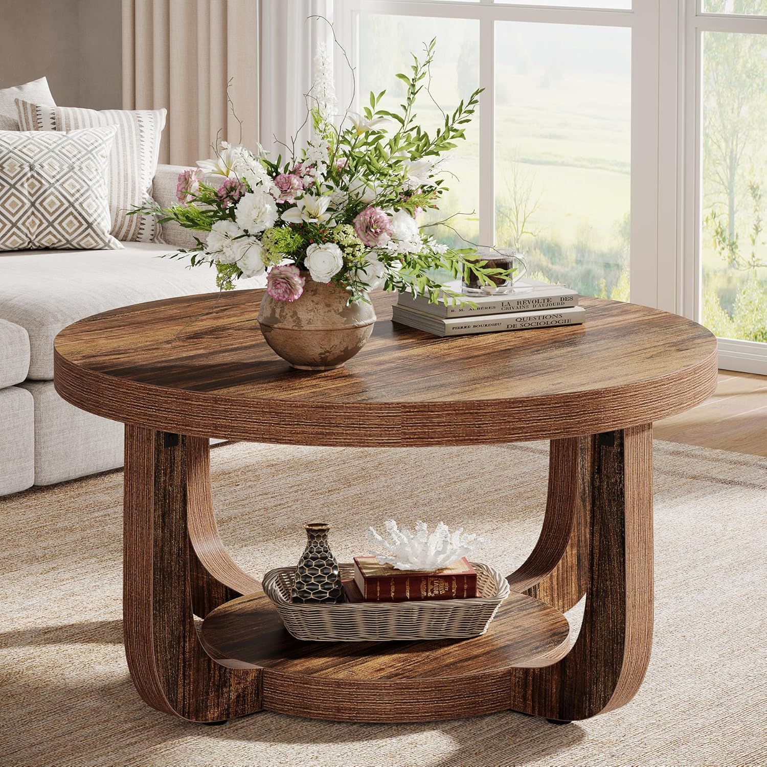 47" Round Coffee Table - 2-Tier Accent Center Table w/Storage Shelf