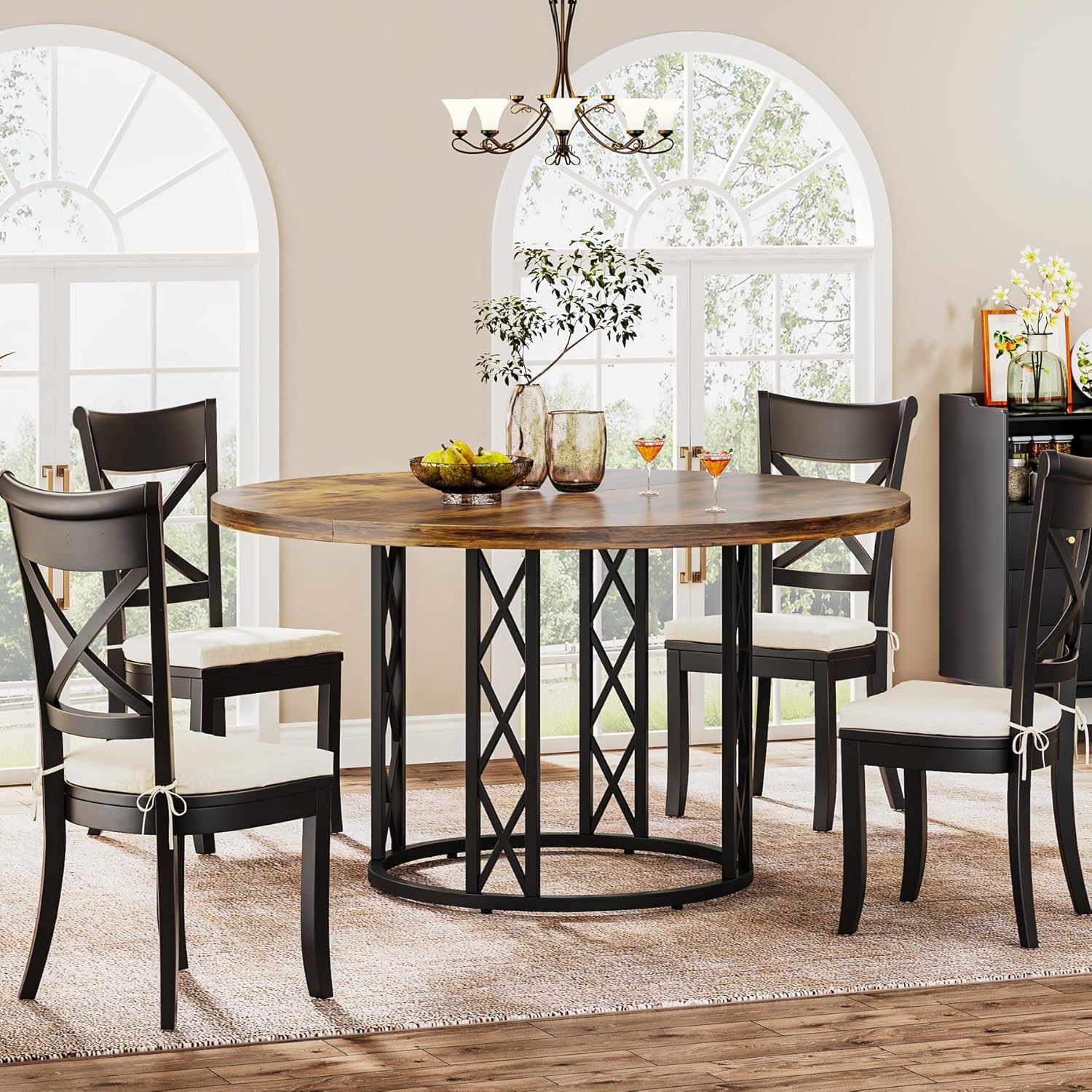 47" Round Dining Table - Rustic Wood Top & Metal Base for 4 People