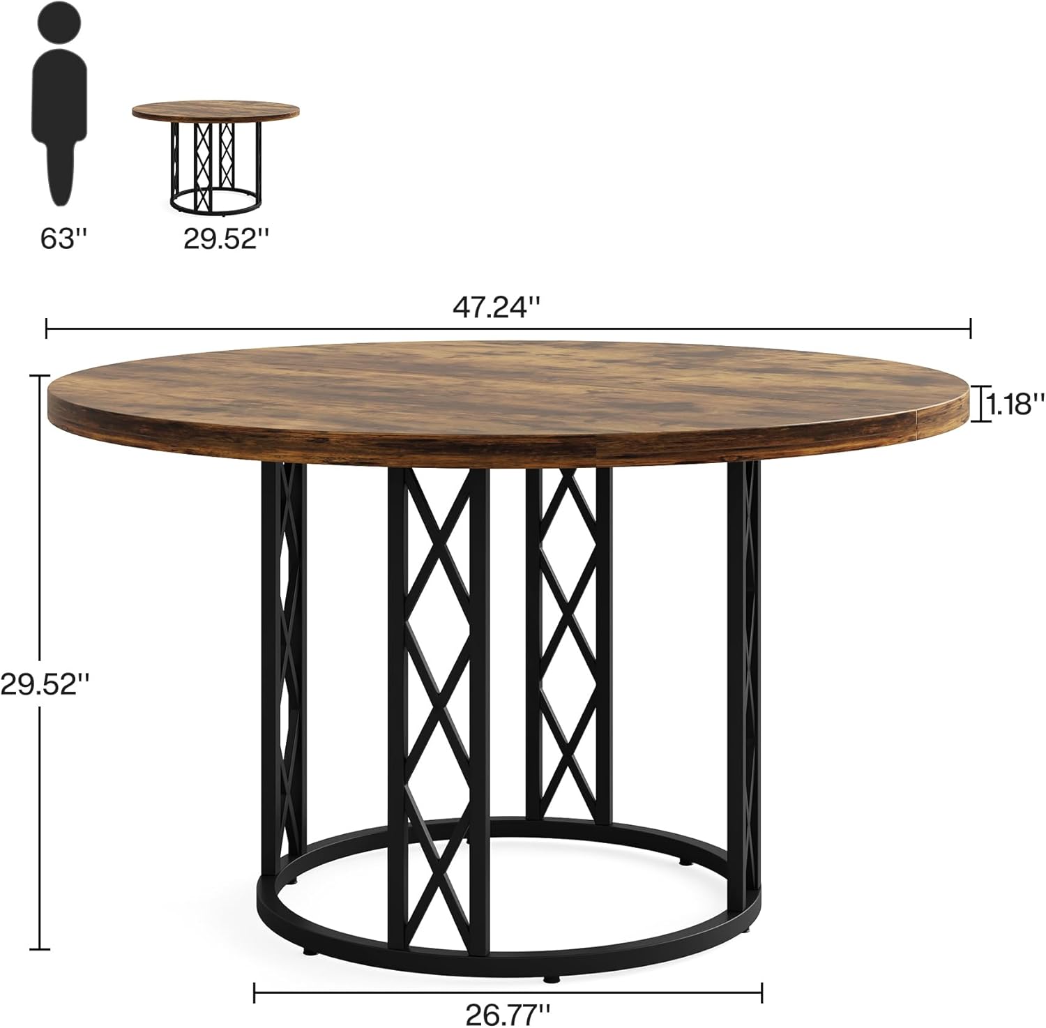 47" Round Dining Table - Rustic Wood Top & Metal Base for 4 People