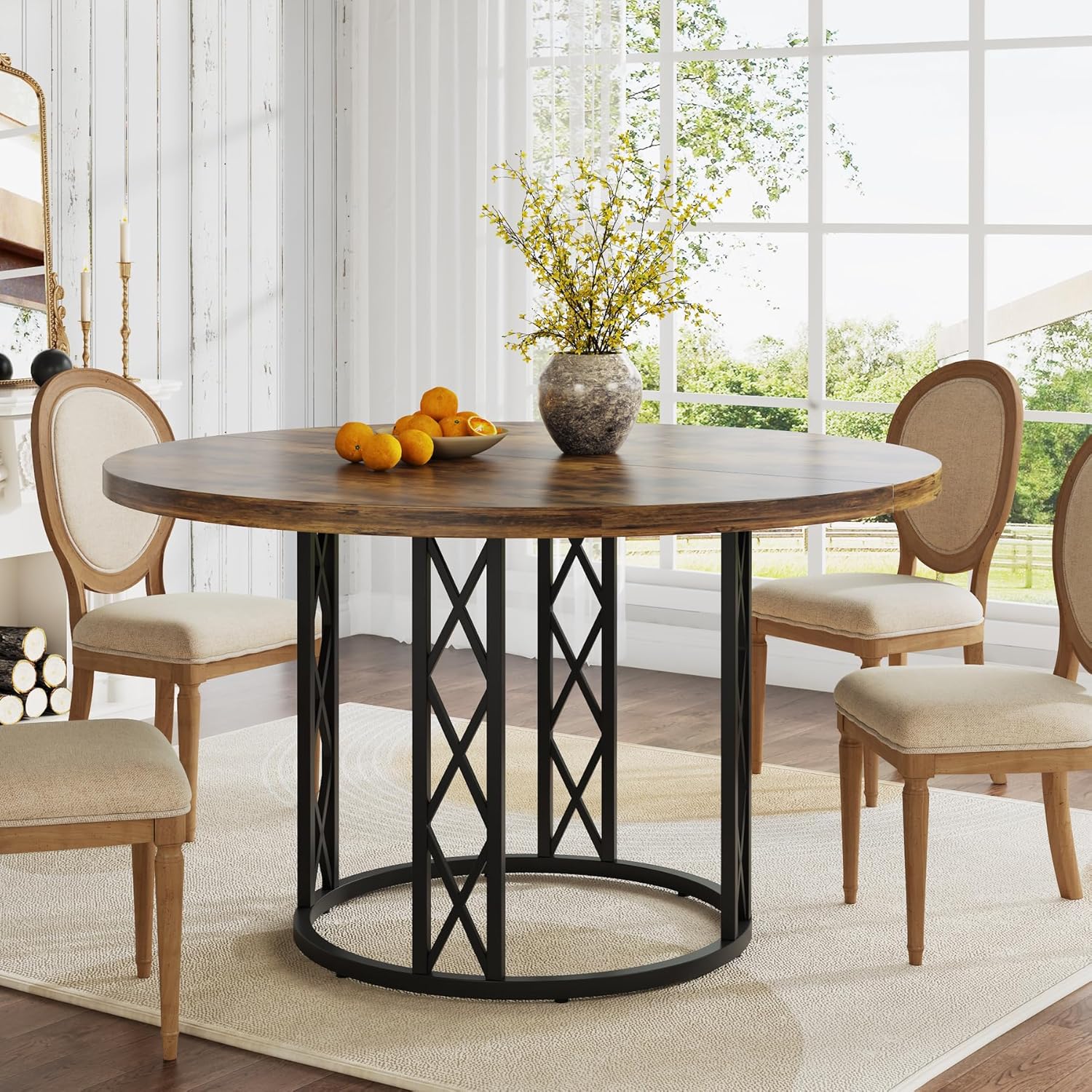 47" Round Dining Table - Rustic Wood Top & Metal Base for 4 People