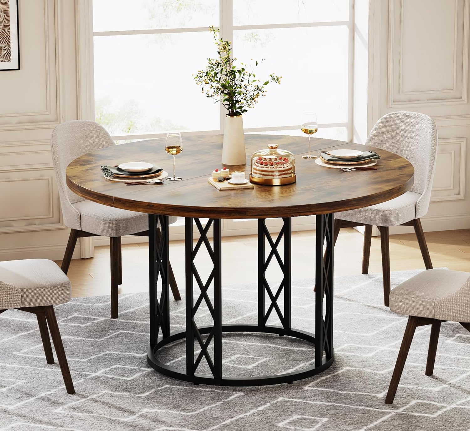 47" Round Dining Table - Rustic Wood Top & Metal Base for 4 People