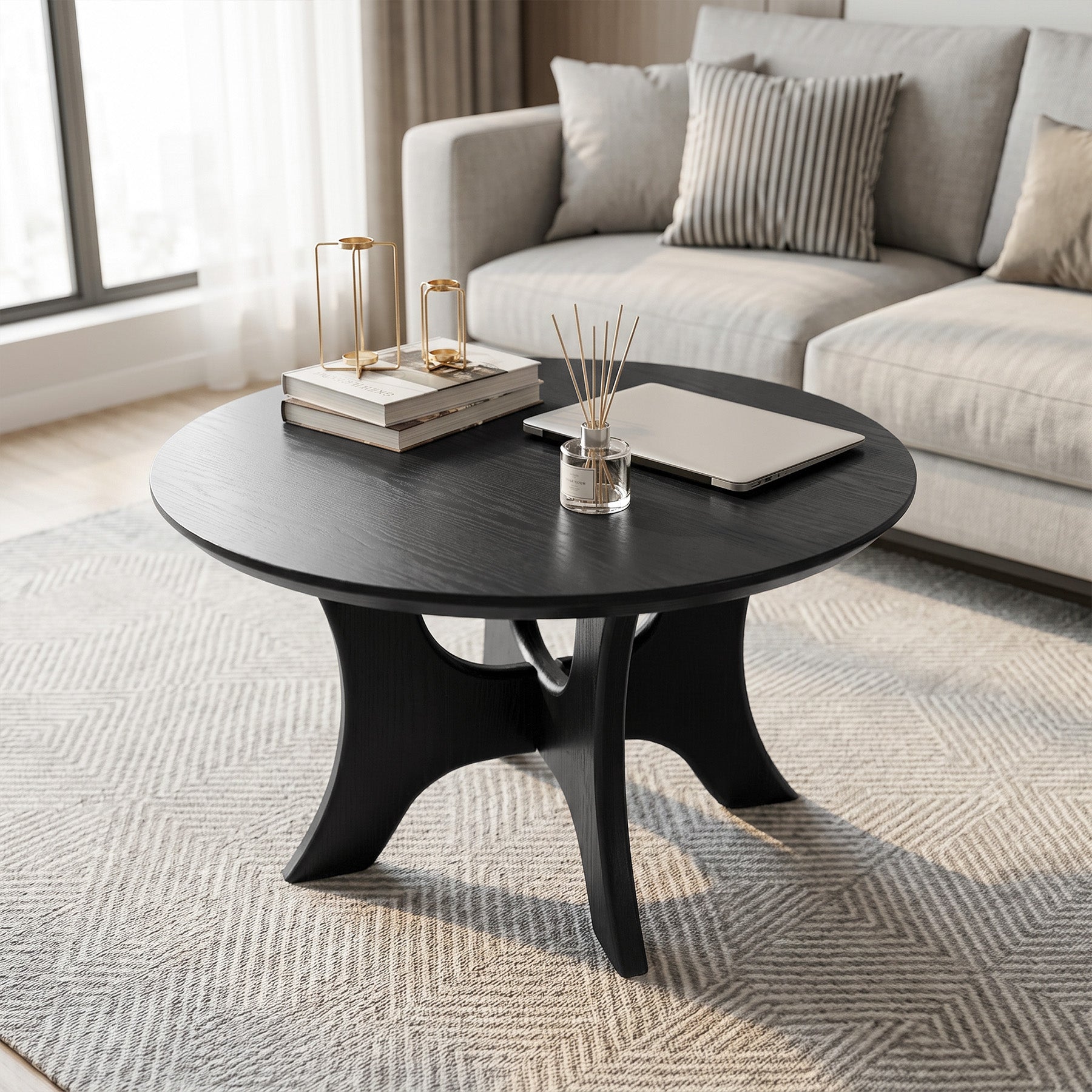 Tribesigns 31.1 Inch Round Coffee Table with Cross Base, Modern Black Table for Living Room