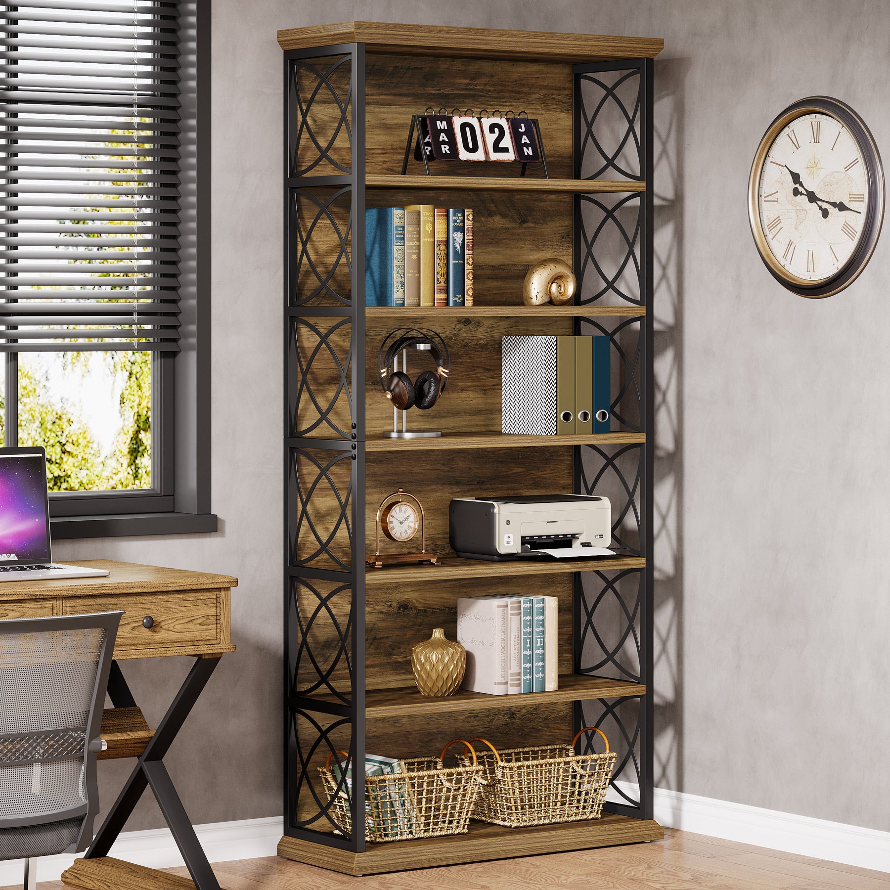 72.83-Inch Industrial Bookshelf with 320 lb Capacity, 6-Tier Wood and Metal Bookcase for Home Office