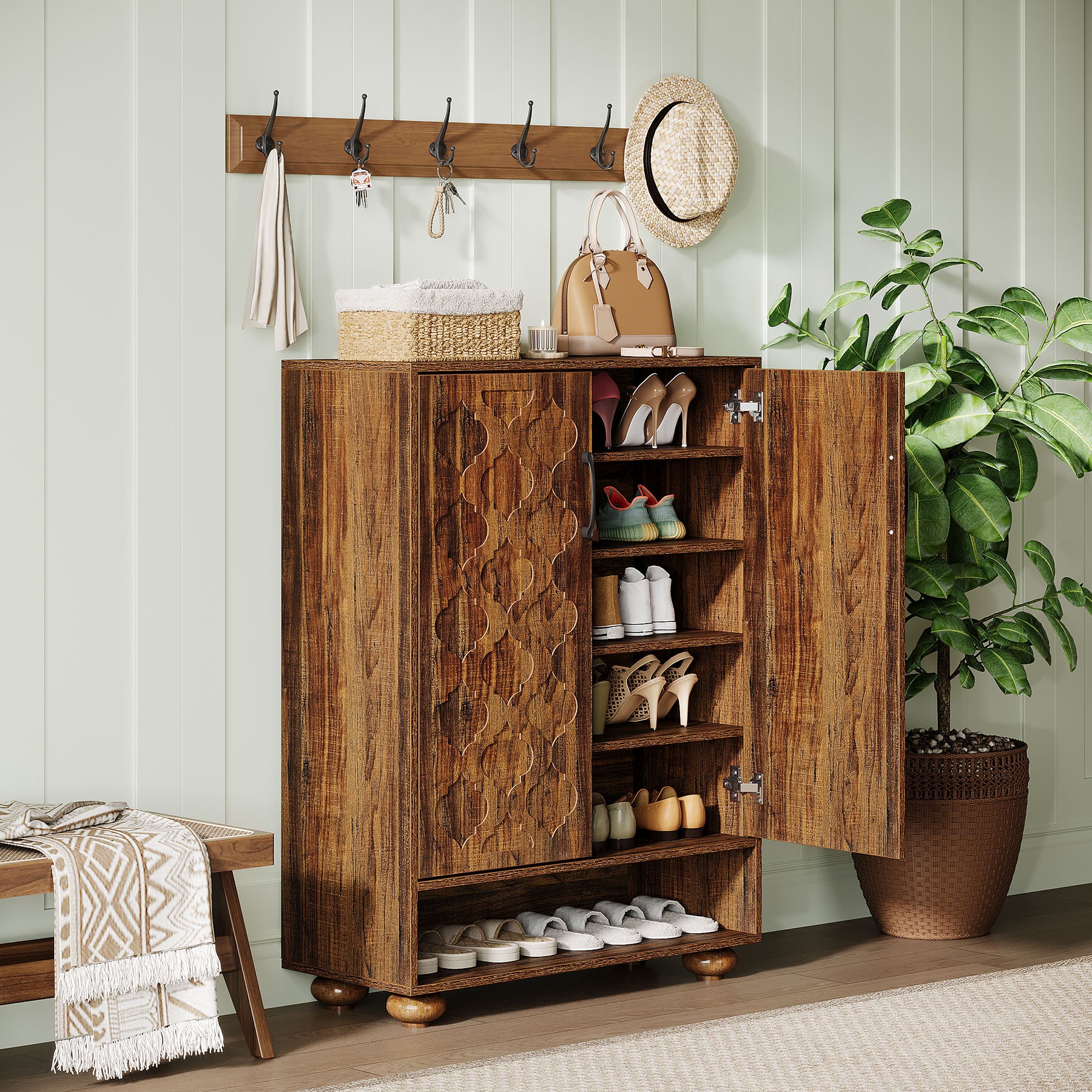 Tribesigns 31.5-Inch Solid Wood Shoe Cabinet for Entryway, Farmhouse Tall Shoe Storage Cabinet with Doors and Adjustable Shelves for Hallway