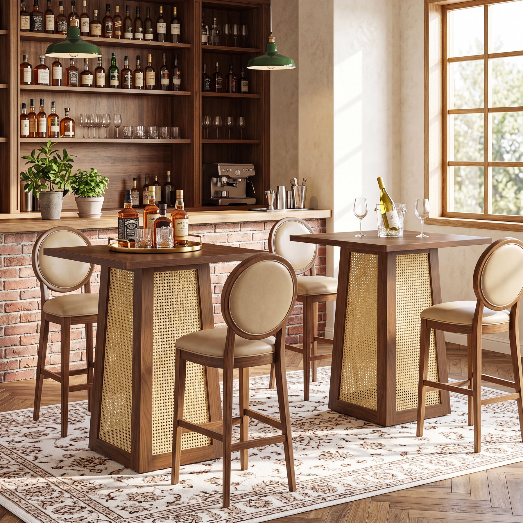 31.5-Inch Square Bar Table, Counter Height Pub Table with Rattan Pedestal Base for Home Bar Kitchen and Small Spaces