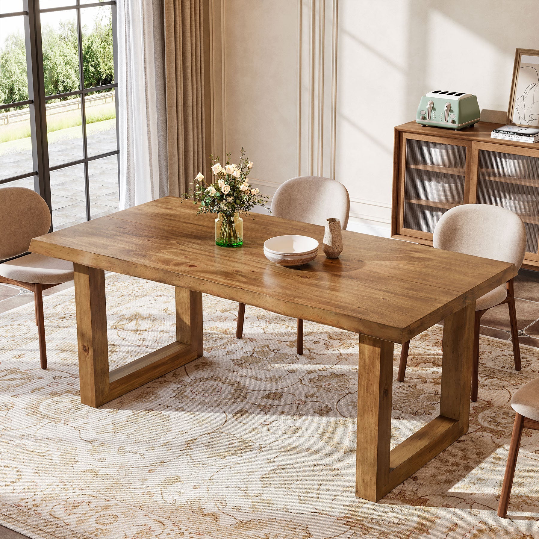 63-Inch Solid Wood Dining Table with Live Edge Top, Farmhouse Kitchen Table for 4 to 6 People