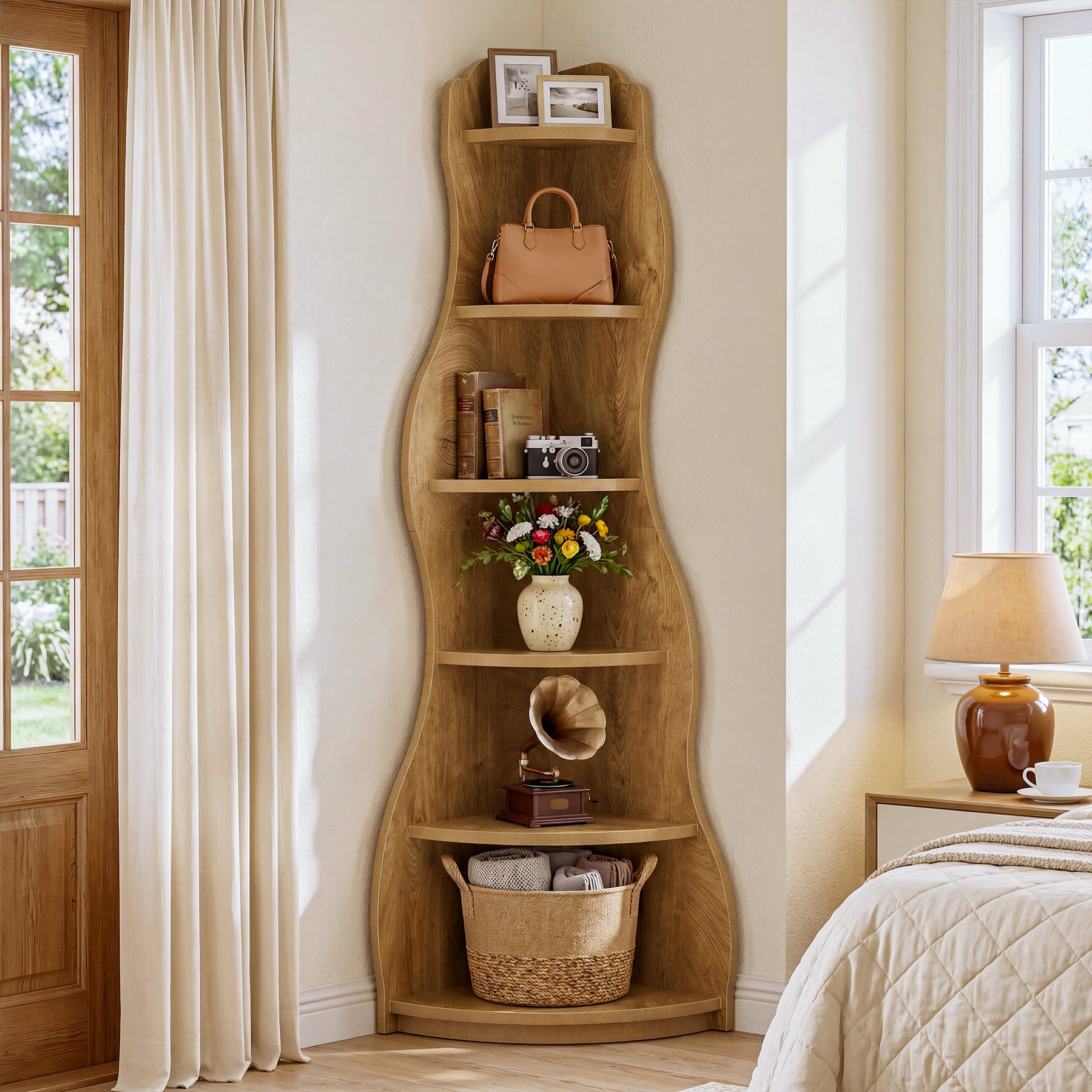 Tribesigns 68.9-Inch Wavy Corner Shelf, 6-Tier Bookcase for Small Spaces