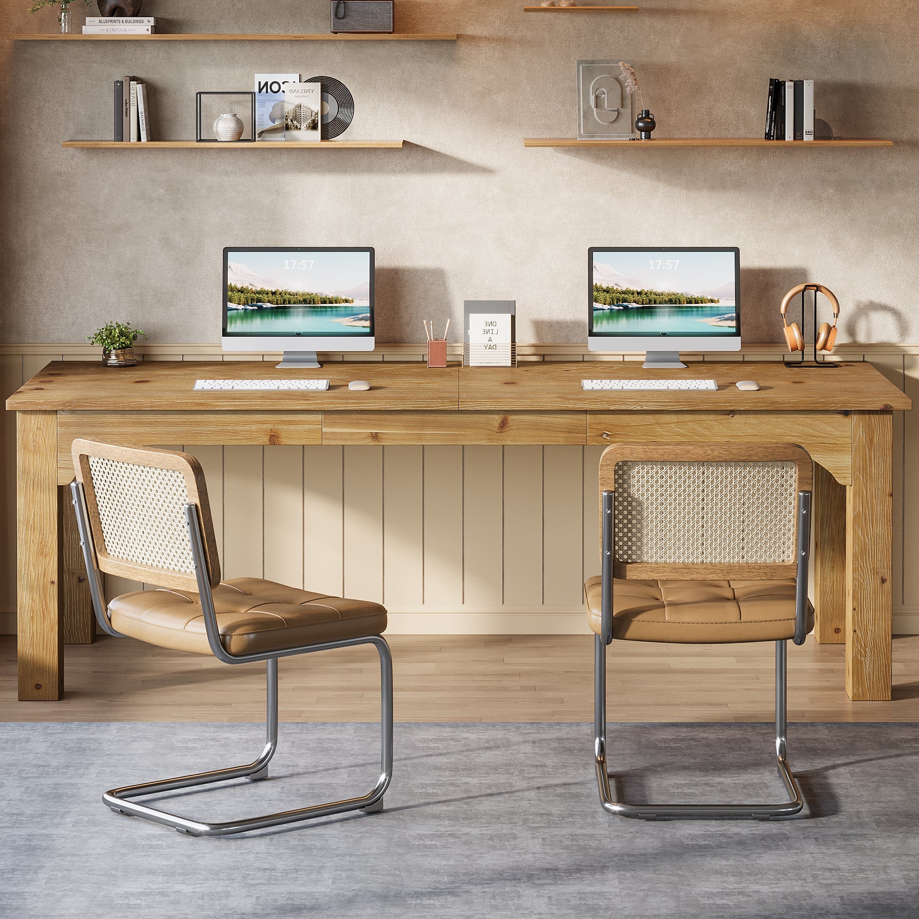 78.7-Inch Solid Wood Two Person Desk, Extra Long Double Workstation for Home Office