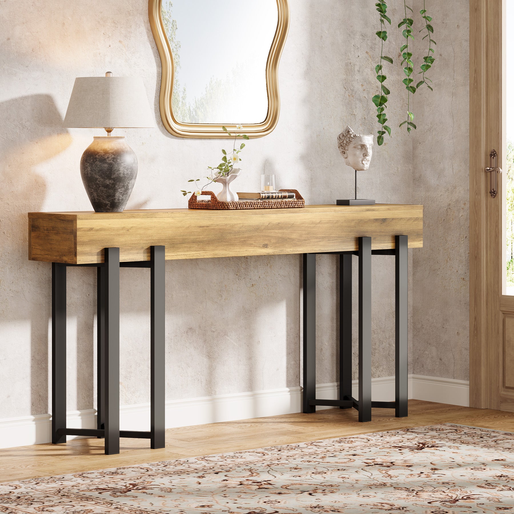 63" Industrial Console Table with Metal Frame, Wooden Sofa Table for Entryway and Living Room