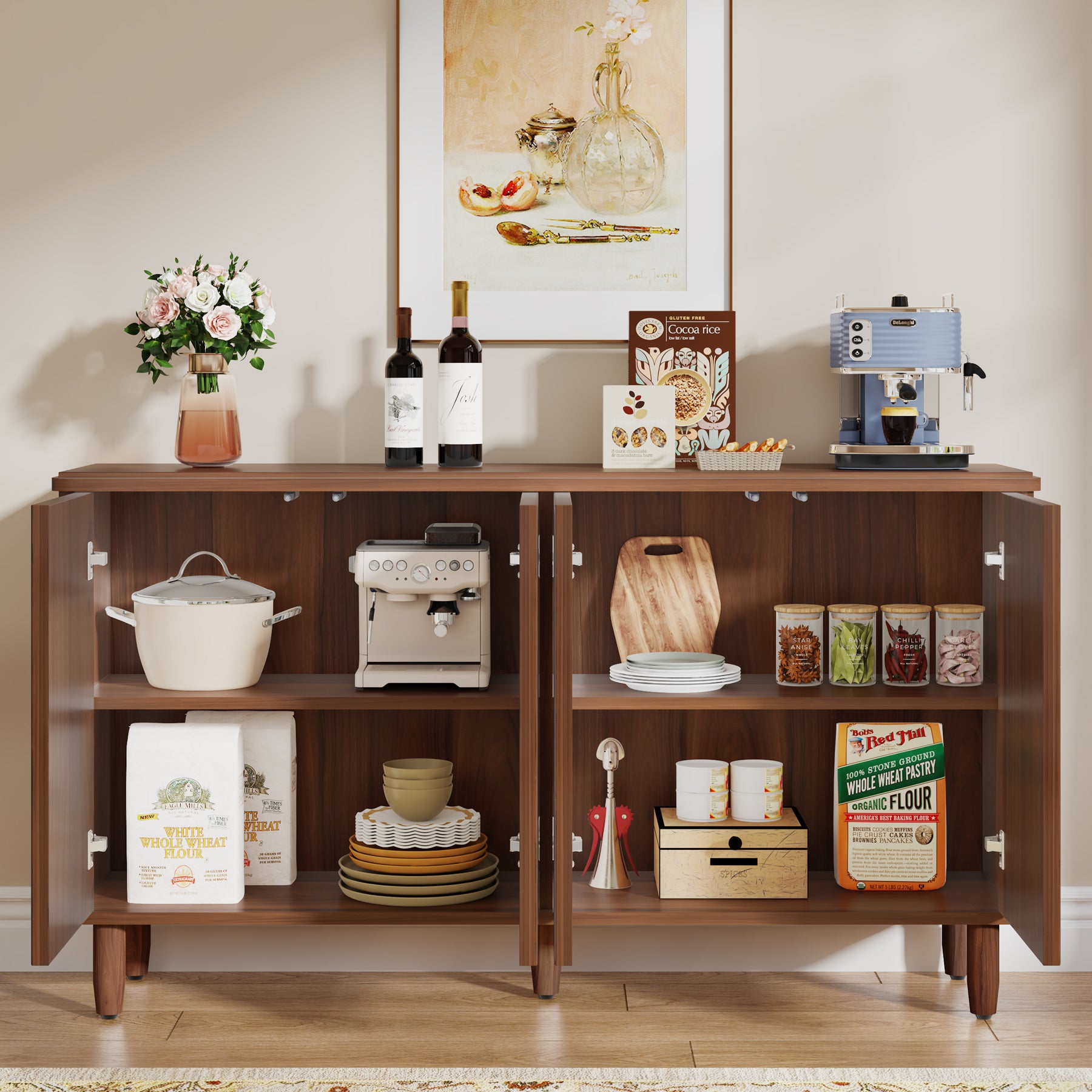 Tribesigns 59.4-Inch Modern Buffet Cabinet with Doors and 4-Tier Inner Shelves, Sideboard Storage Cabinet for Living Room Kitchen and Dining Room
