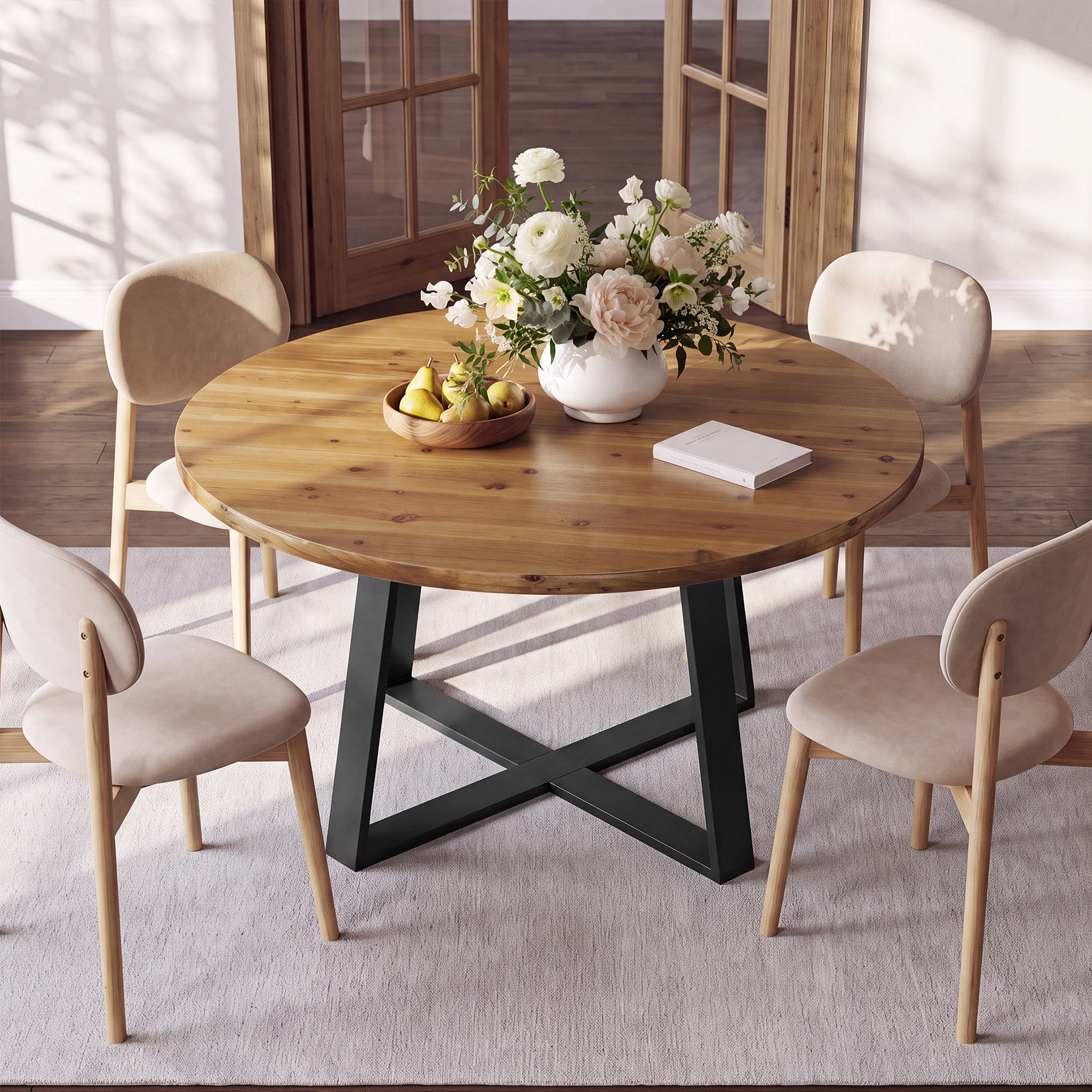Tribesigns 47-Inch Solid Wood Round Dining Table, 4-6 Person Table with Black Metal Base