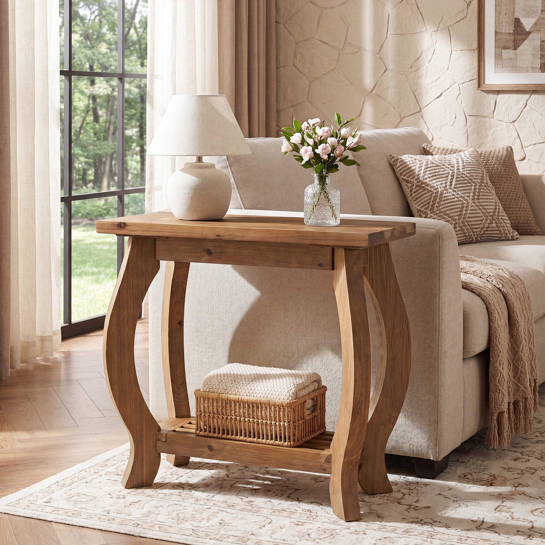 Tribesigns 23.6 Inch Narrow Side Table with Curved Legs, Solid Wood End Table for Small Spaces