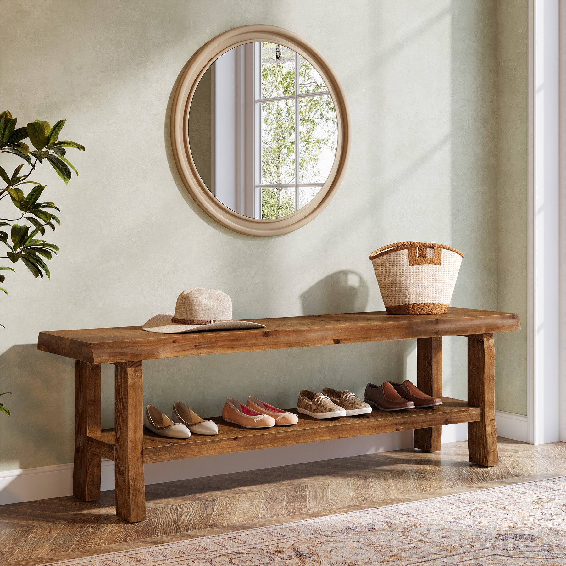 Tribesigns 55-Inch Solid Wood Shoe Storage Bench, Entryway Bench with Lower Shelf for Hallway
