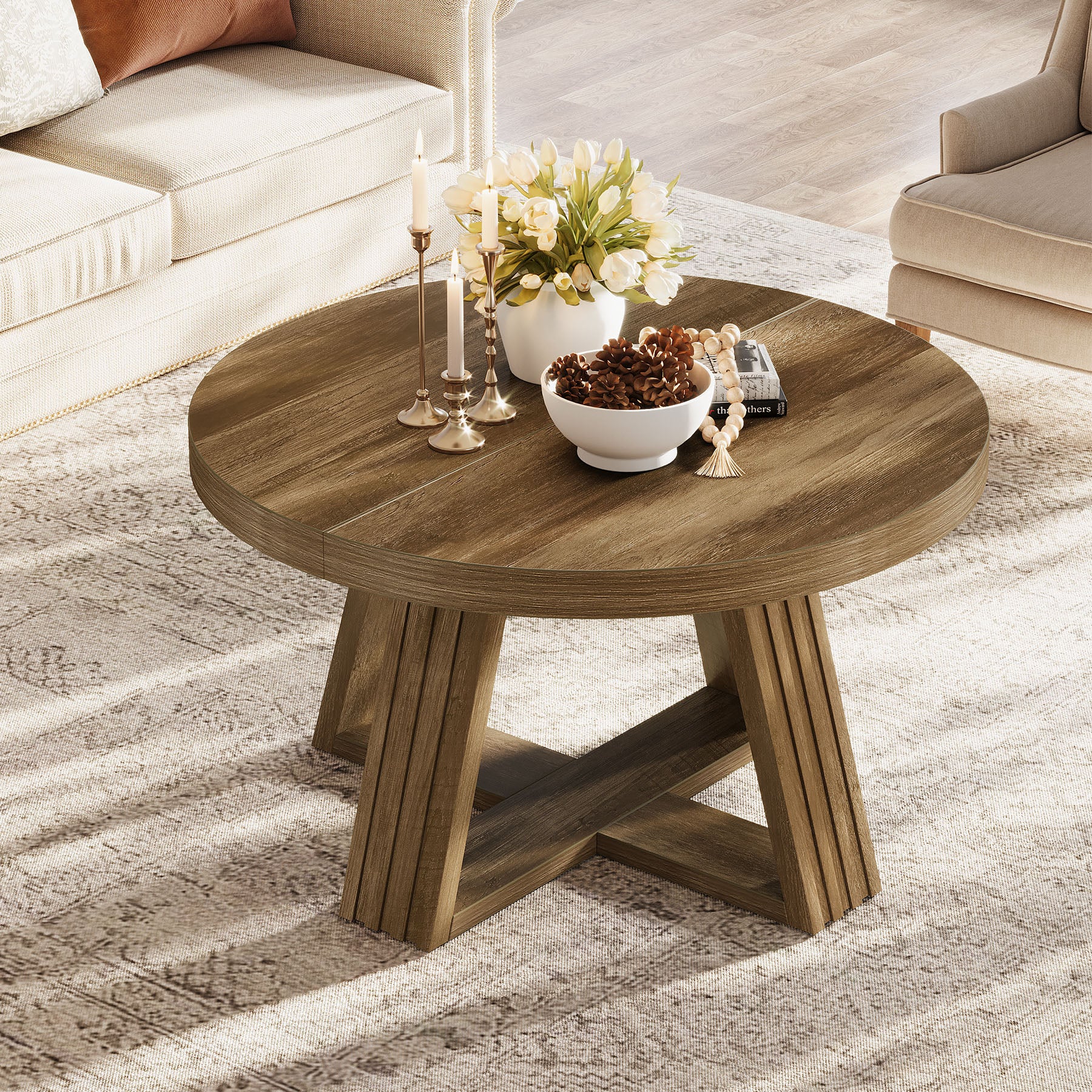 31.5-Inch Round Coffee Table with Thick MDF Tabletop and Cross Base, Rustic Farmhouse Center Table for Living Room