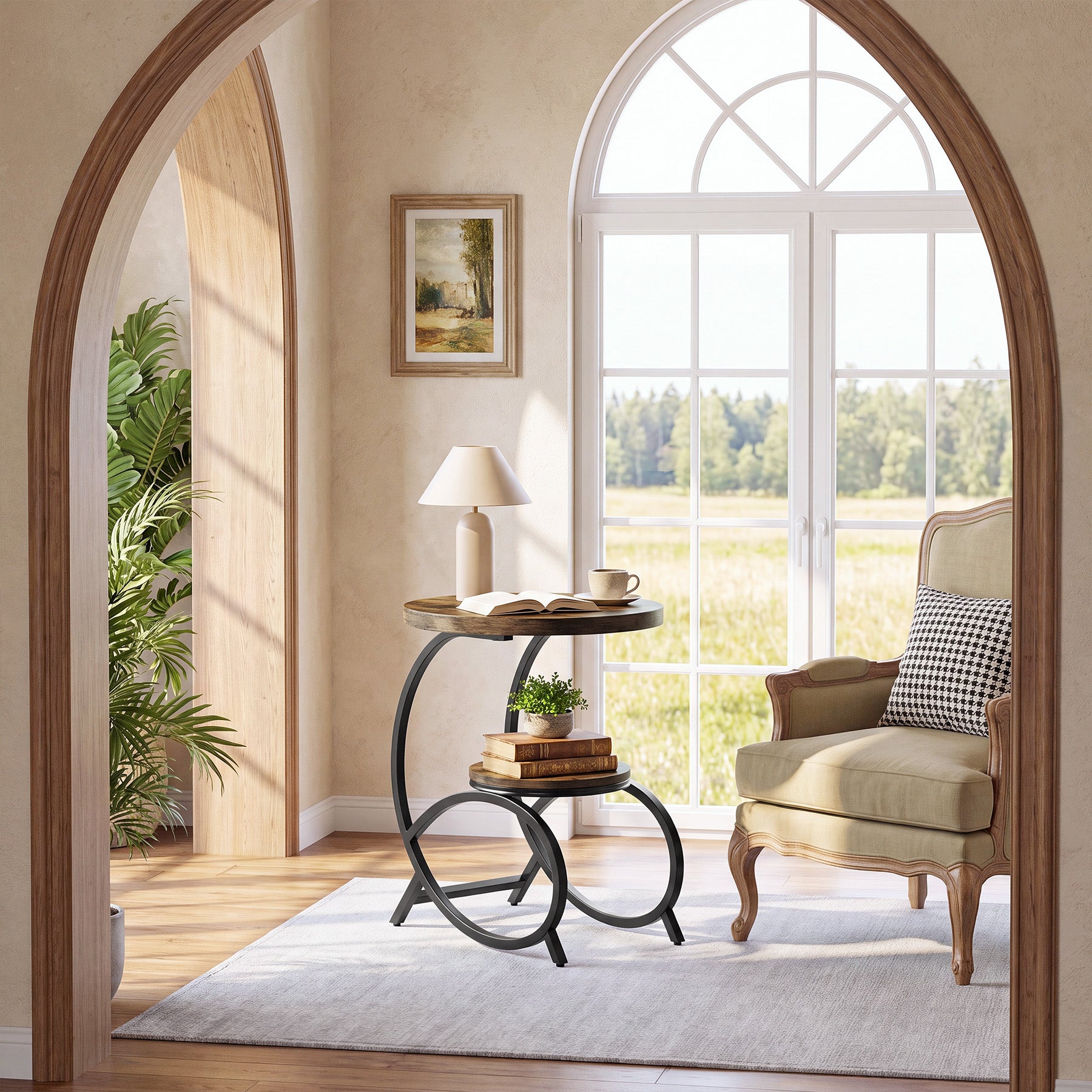 19.69 Inch C Shaped Side Table, 2 Tier Round End Table with Storage for Living Room