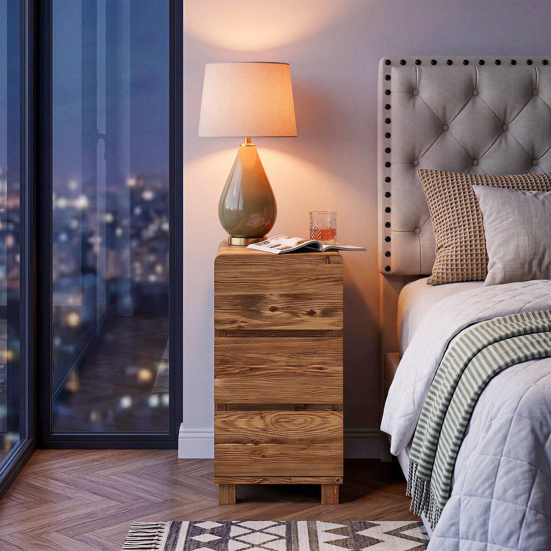 Tribesigns 25.59-Inch Tall Solid Wood Side Cabinet, 3-Drawer Narrow Nightstand