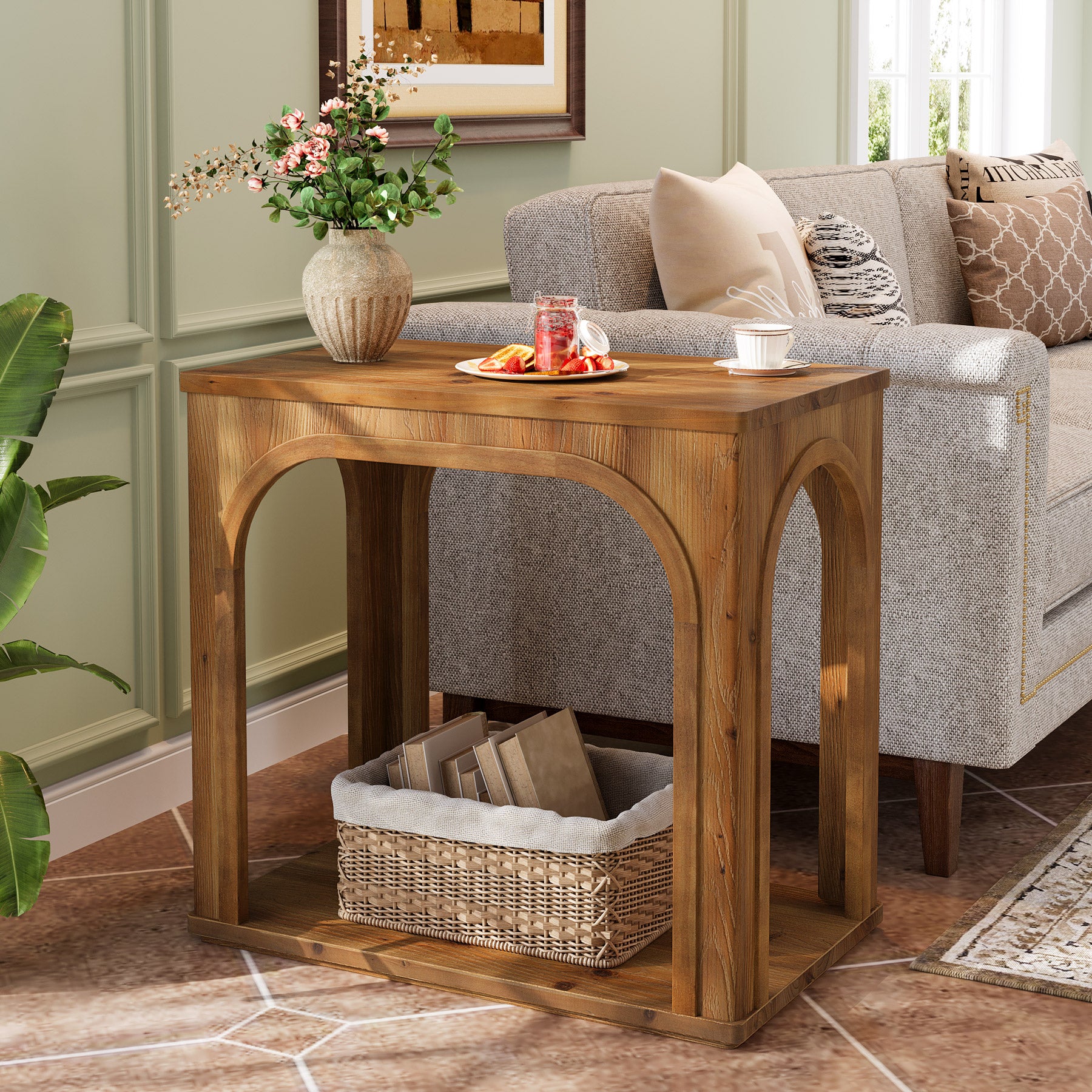 Tribesigns 25.2-Inch Solid Wood End Table with Arched Design and Bottom Shelf, 2-Tier Farmhouse Side Table for Living Room