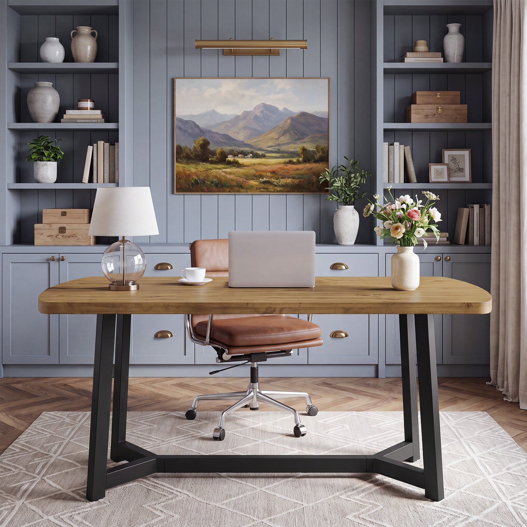 Tribesigns 63-Inch Solid Pine Wood Office Desk, Large Computer Desk with Metal Frame for Home Office