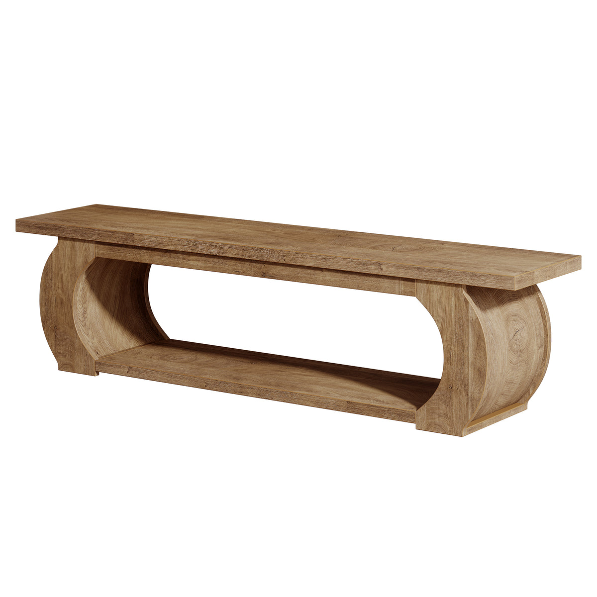 63 Inch Storage Bench with Open Shelf and Curved Wood Frame, Farmhouse End of Bed Bench for Bedroom