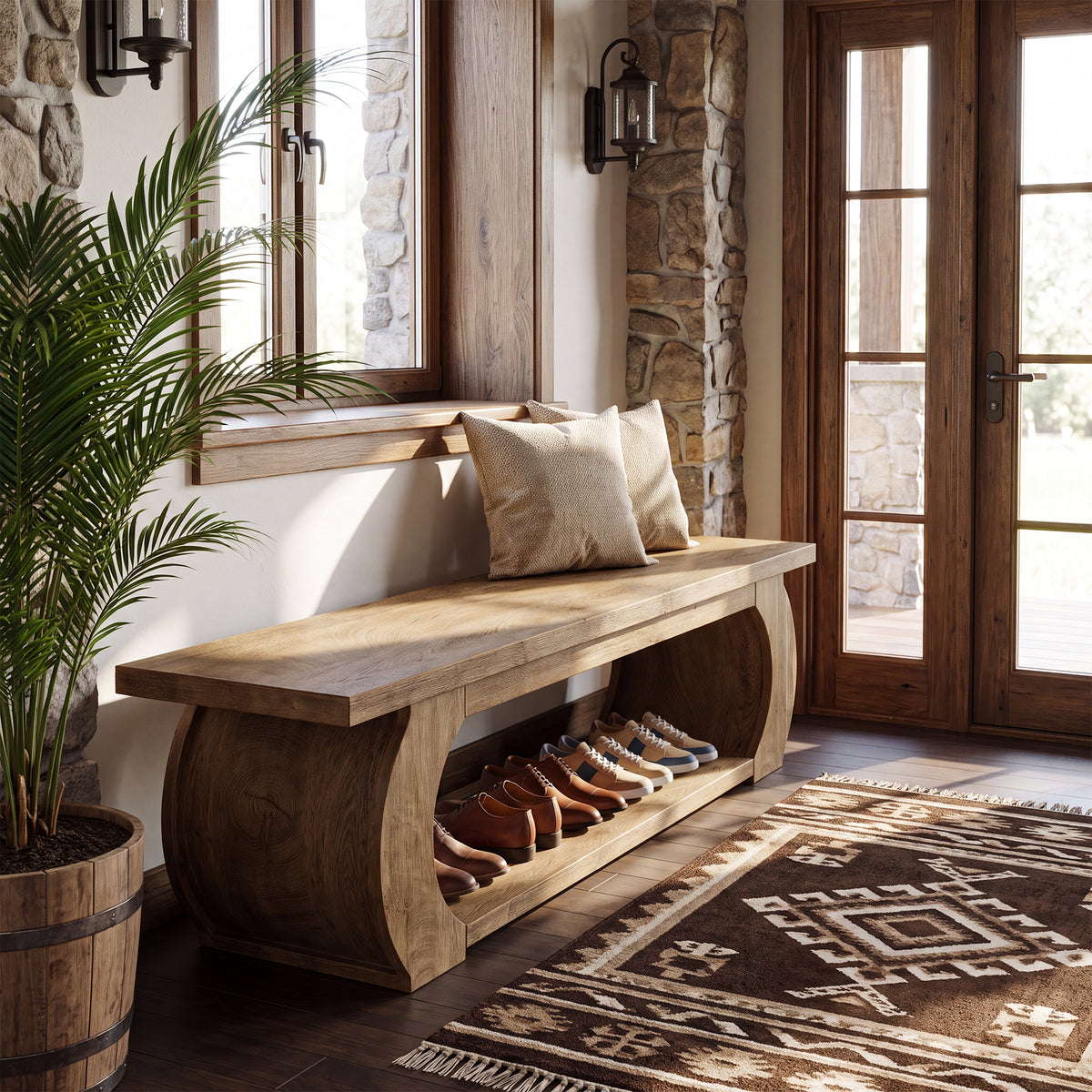 Tribesigns 63 Inch Shoe Bench with Storage, Entryway Bench with Open Shelves for Bedroom and Living Room