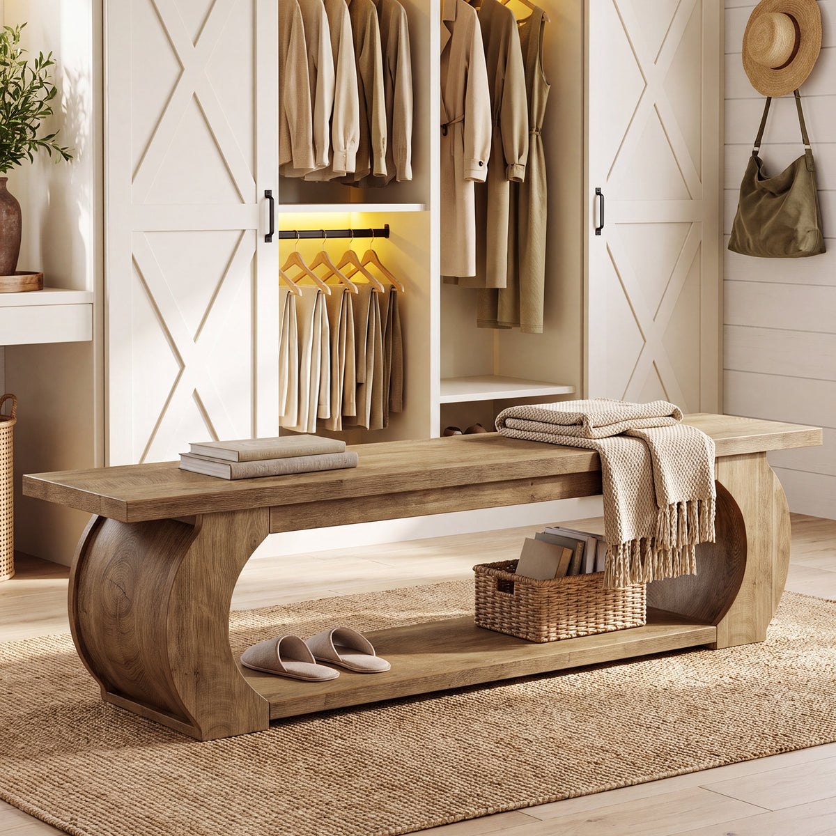 63 Inch Storage Bench with Open Shelf and Curved Wood Frame, Farmhouse End of Bed Bench for Bedroom