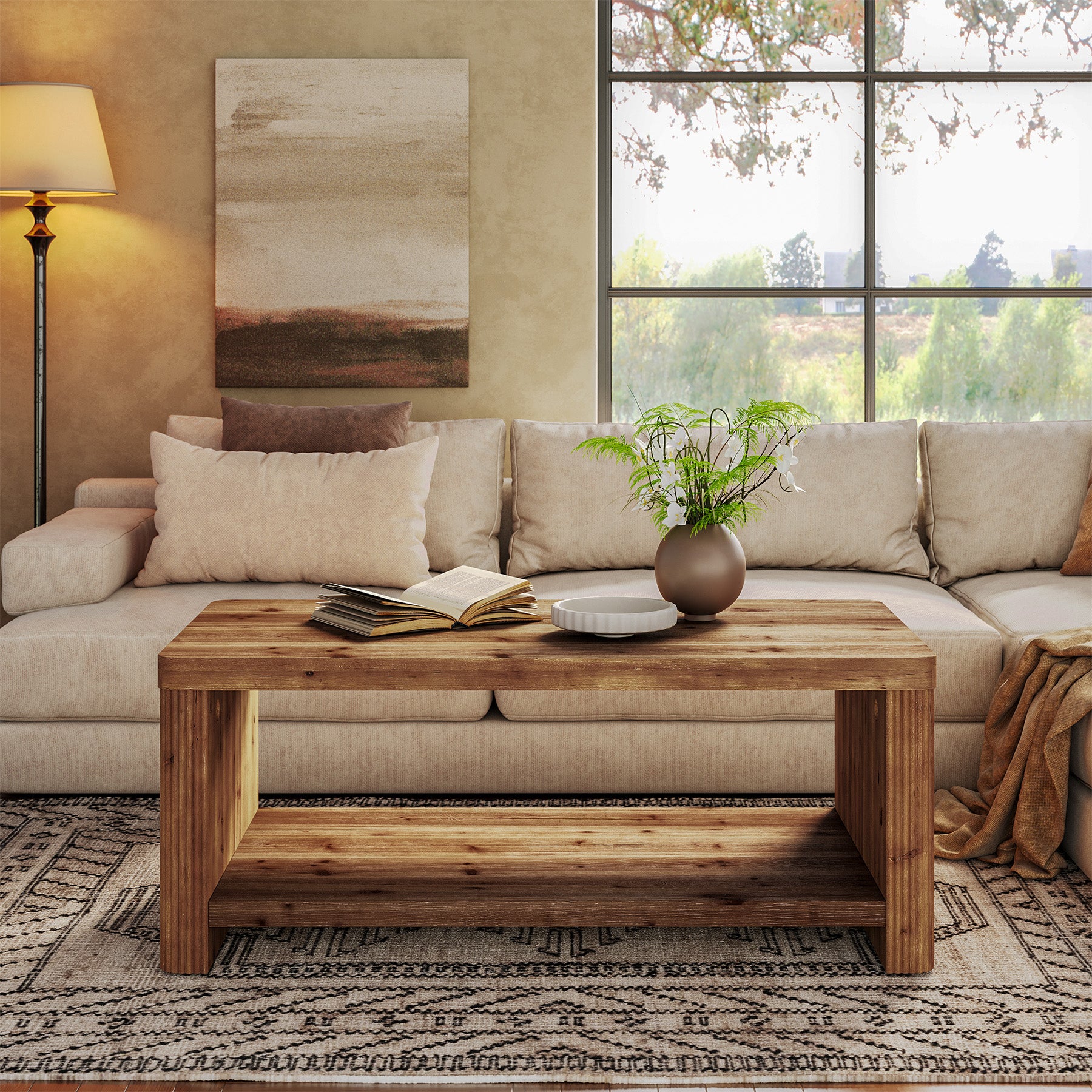 47.24" Solid Wood Coffee Table in Rustic Brown, Modern Fluted Low Rectangle Center Table with 2-Tier Storage