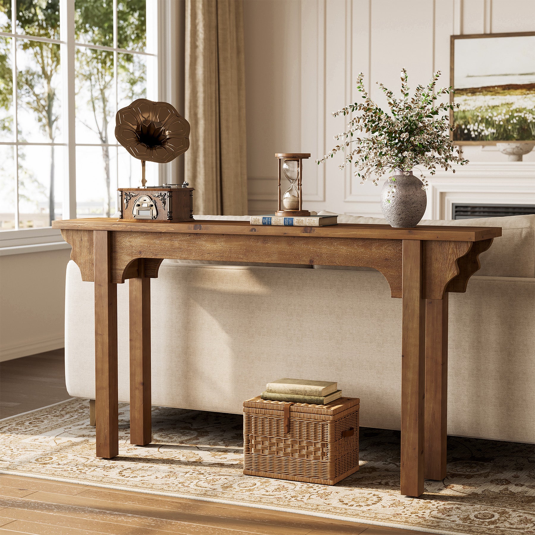 Tribesigns 63-Inch Solid Wood Console Table with Unique Side Design, Farmhouse Narrow Sofa Table for Entryway