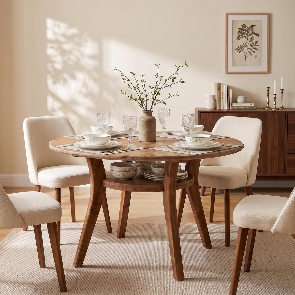 Tribesigns 47.2 Inch Solid Wood Round Dining Table for 4-6, Farmhouse Kitchen Table with Lower Storage Shelf