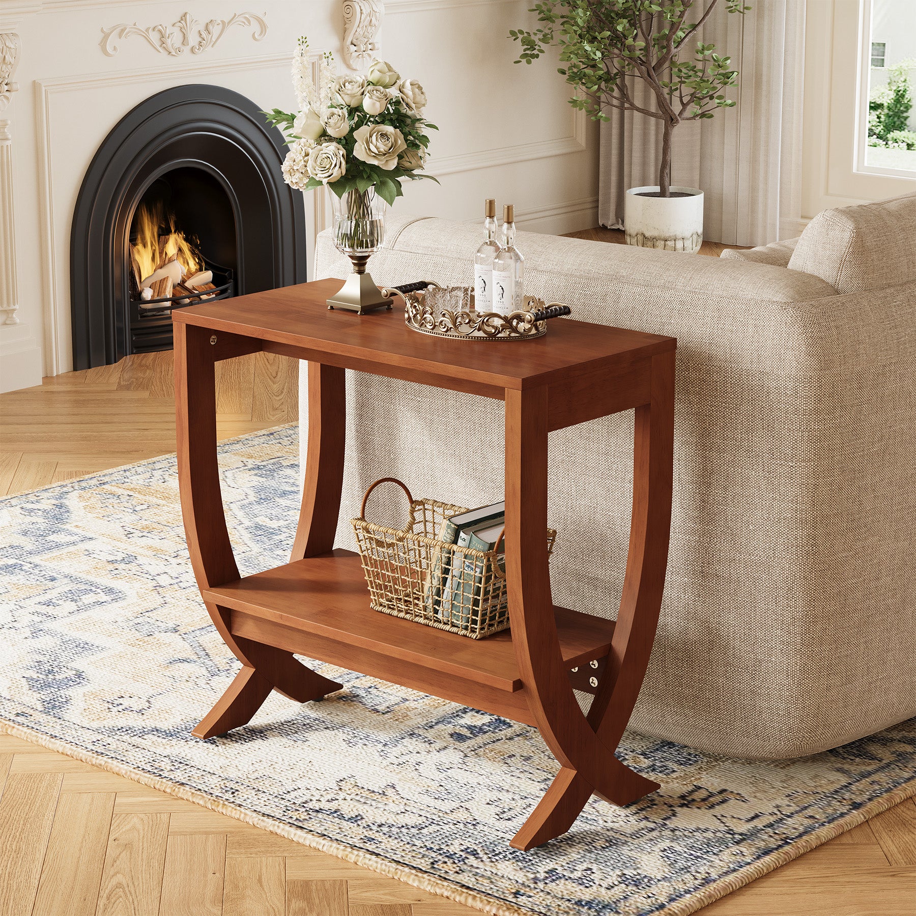Tribesigns 23.62" Small Solid Wood Side Table with Arched Legs, 2-Tier End Table for Sofa Side