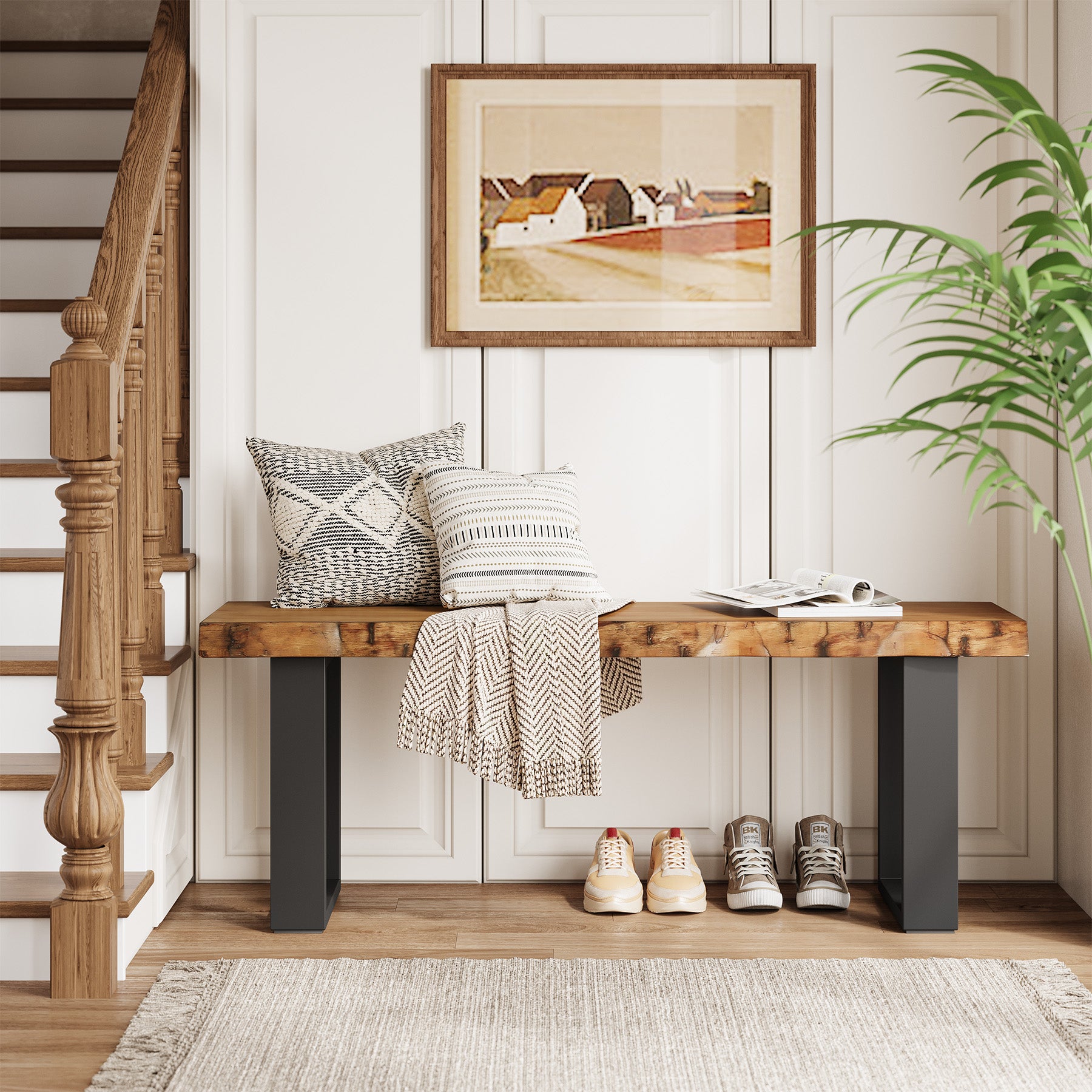 Tribesigns 47.24-Inch Industrial Entryway Bench with Solid Wood Seat, Narrow Shoe Bench for Bedroom and Hallway