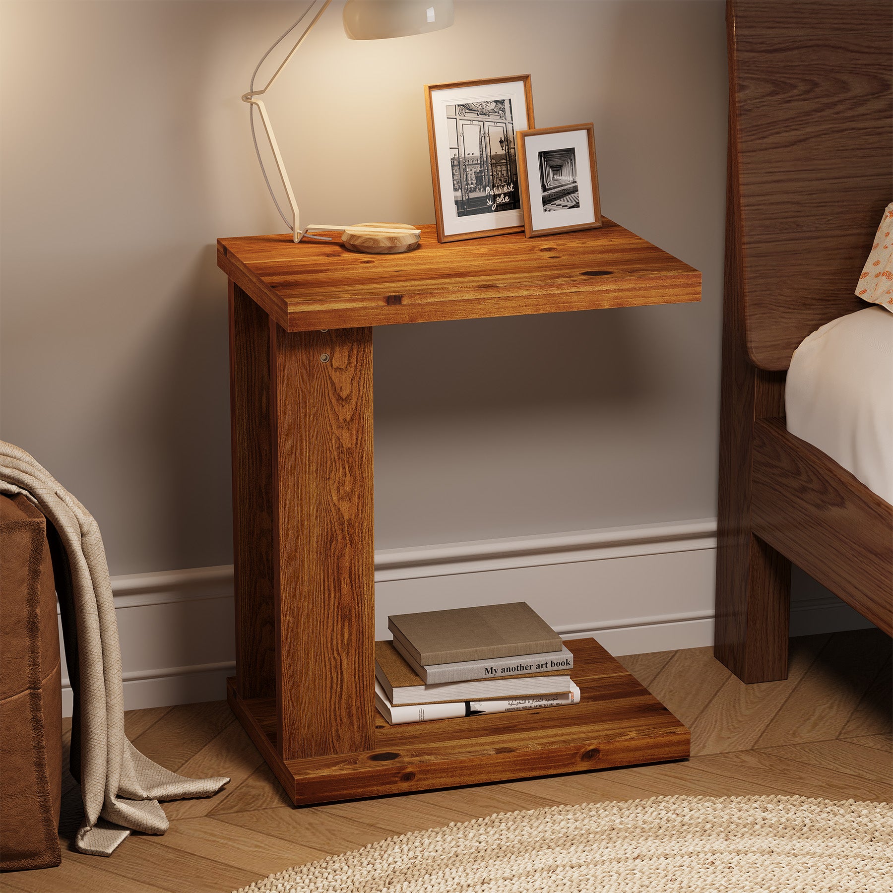 Tribesigns 23.6" C-Shaped End Table, Solid Wood 2-Tier Side Table for Sofa and Living Room