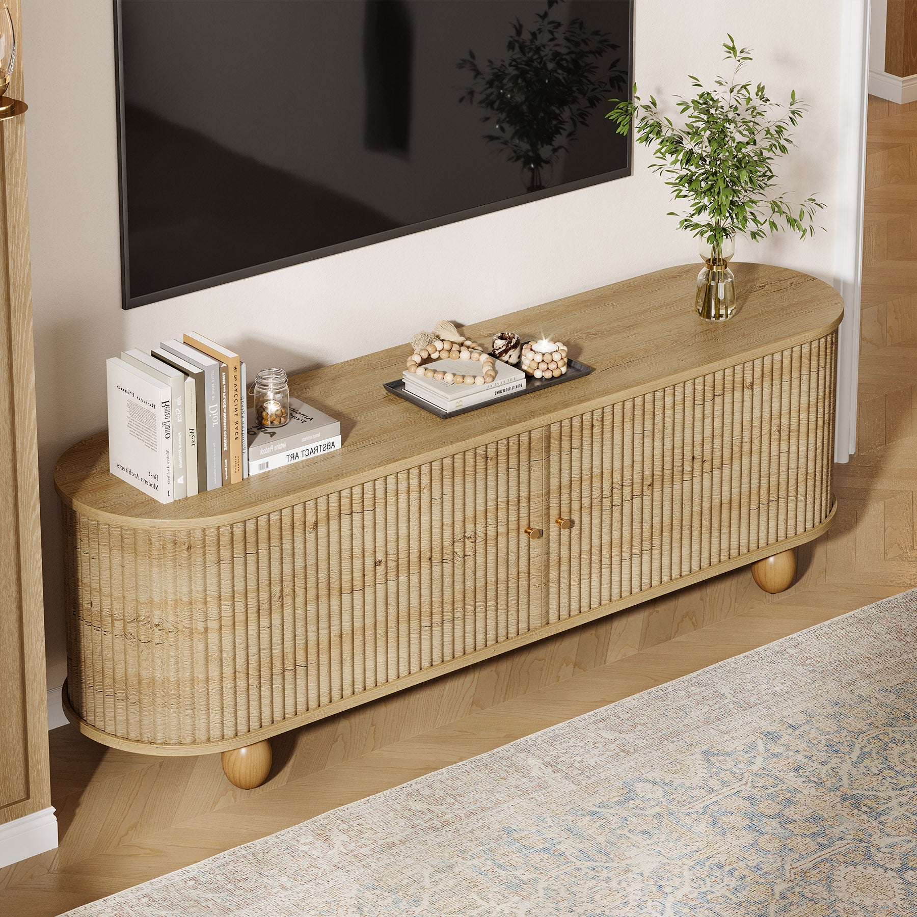 Tribesigns 70.8-Inch Farmhouse Fluted TV Stand with Sliding Doors and Storage Shelves, Extra Long Media Console for 65 70 and 75 Inch TVs