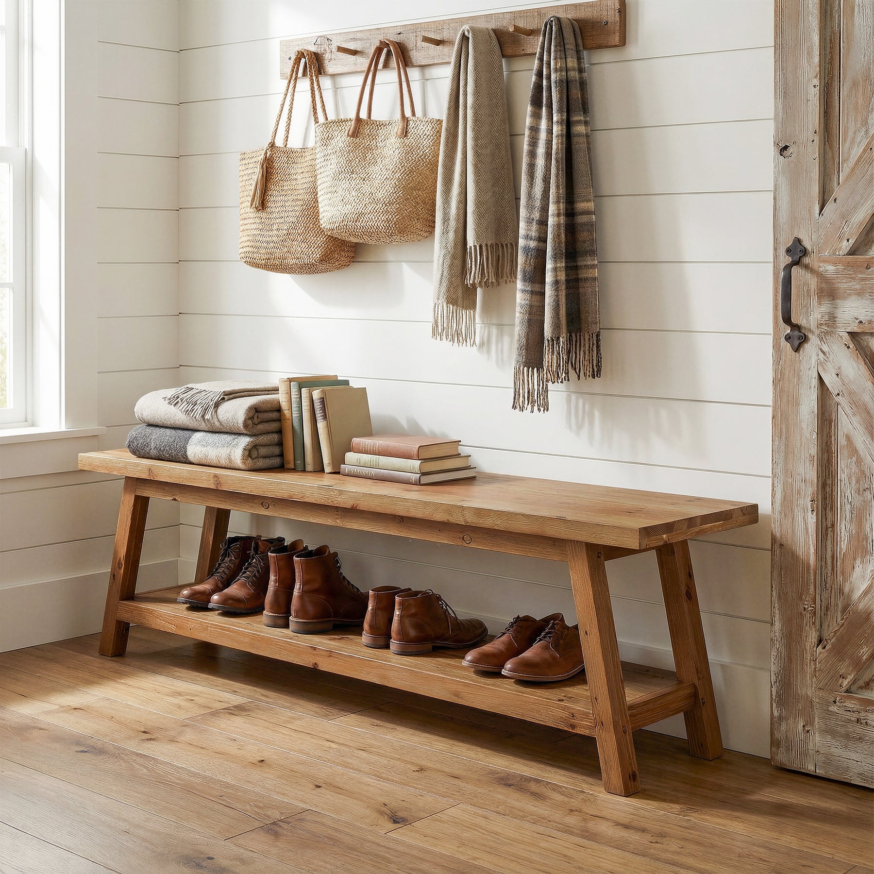 63" Solid Wood Entryway Bench with Storage Shelf, Hallway Shoe Bench for Mudroom