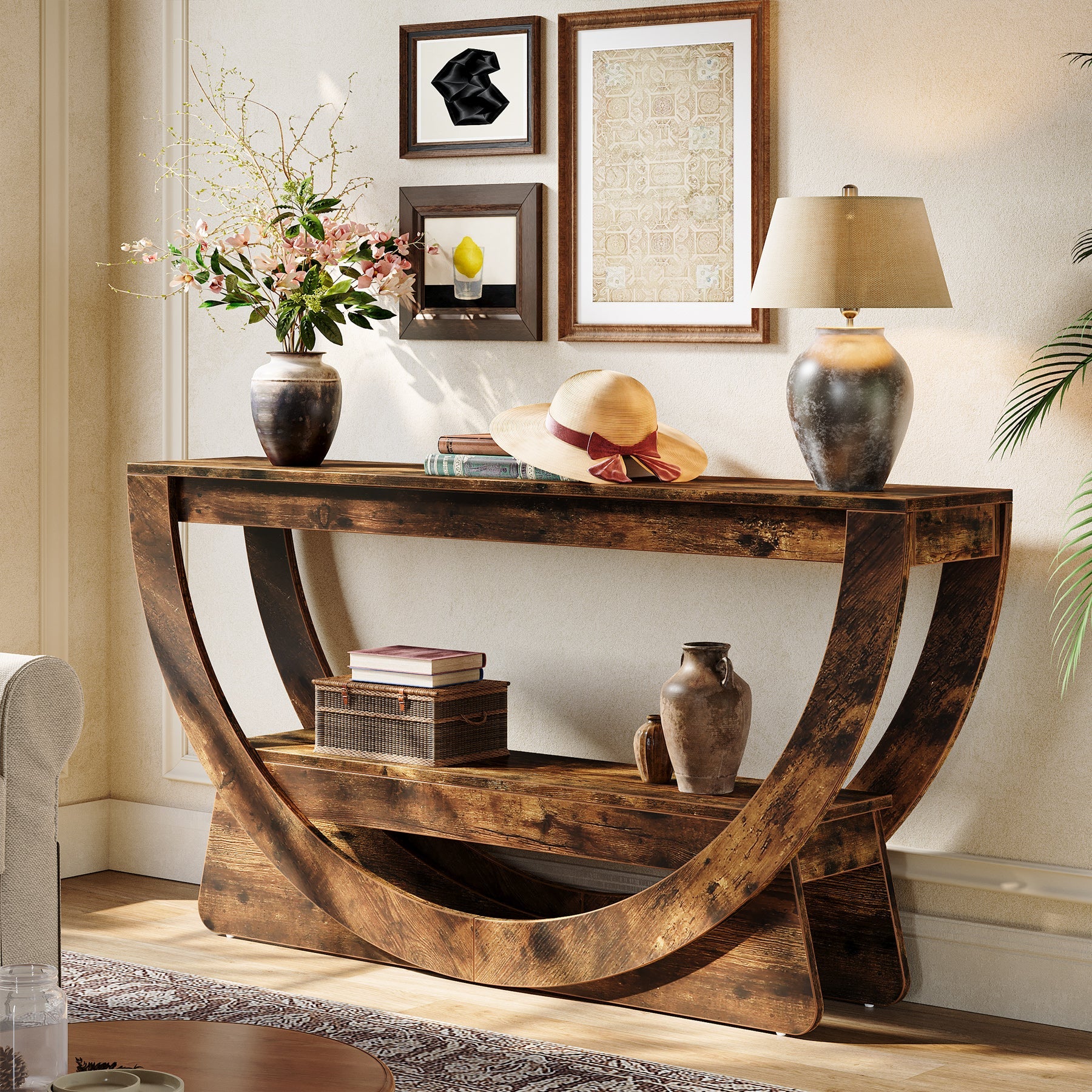 63" Console Table, 2 - Tier Entryway Table with Storage Shelves & Arched Frame Tribesigns