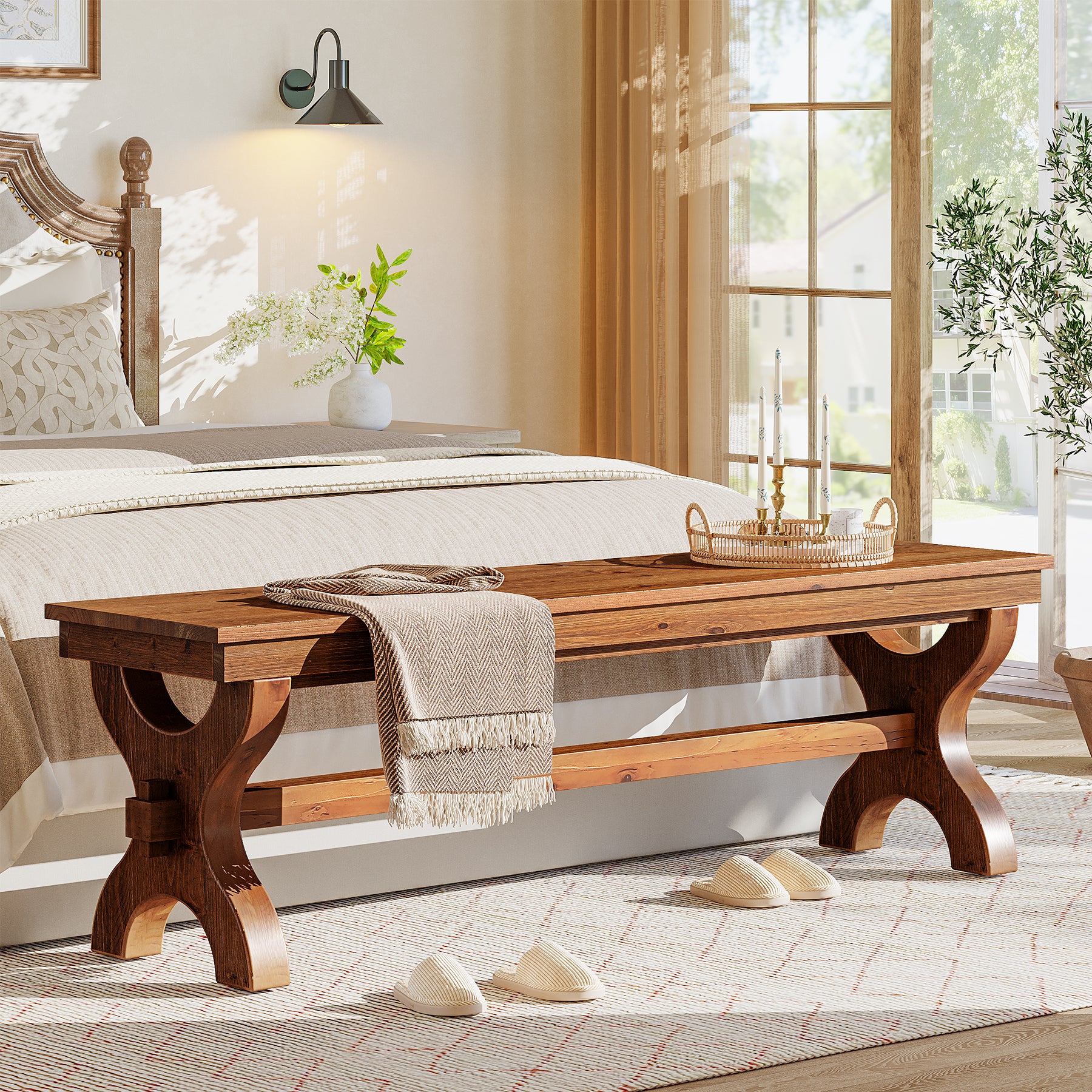 55 Inch Solid Wood Entryway Bench for 2, Farmhouse Narrow Seat for Hallway and Bedroom