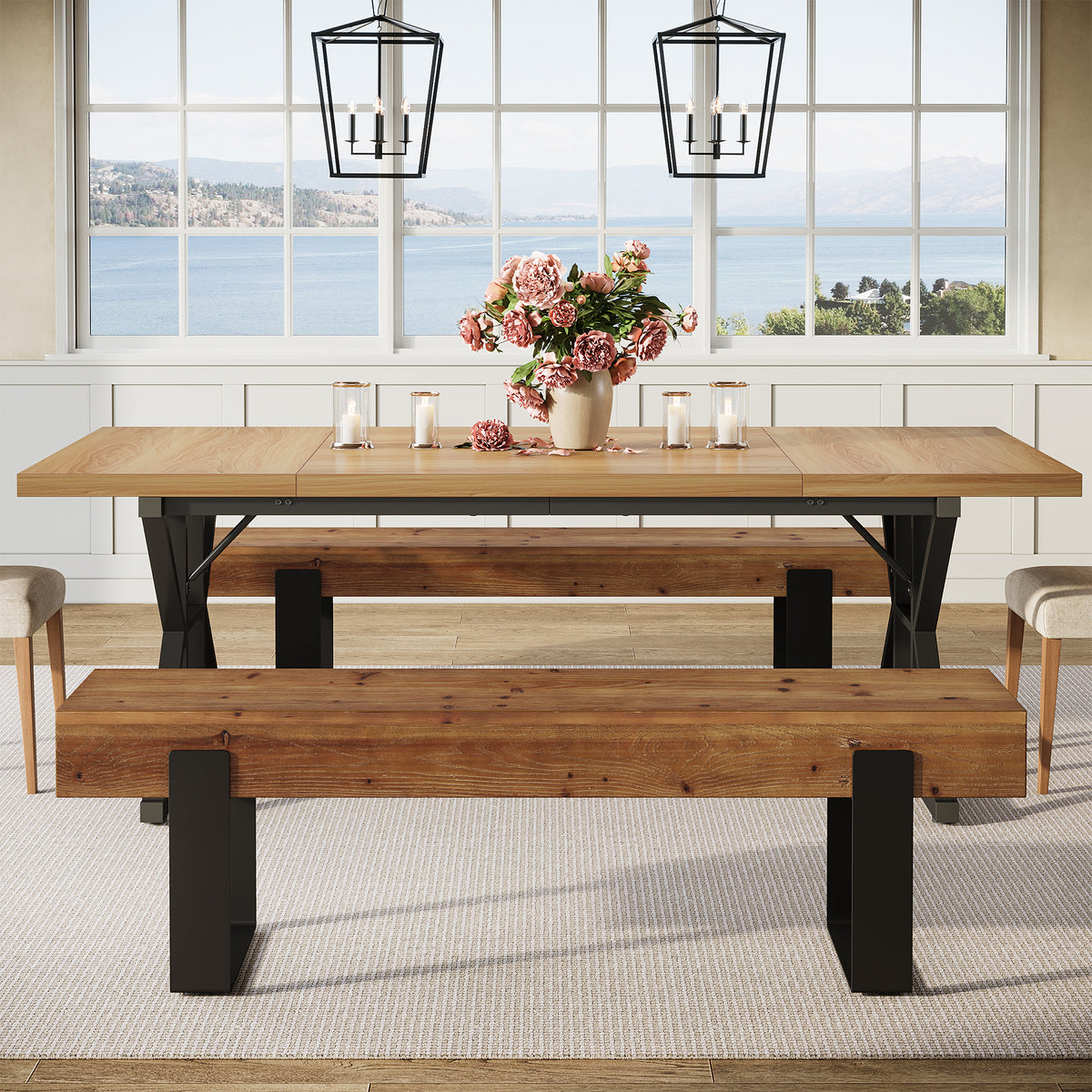 Tribesigns 63-Inch Solid Wood Dining Bench, Farmhouse Kitchen Seat with Metal Legs for Dining Room