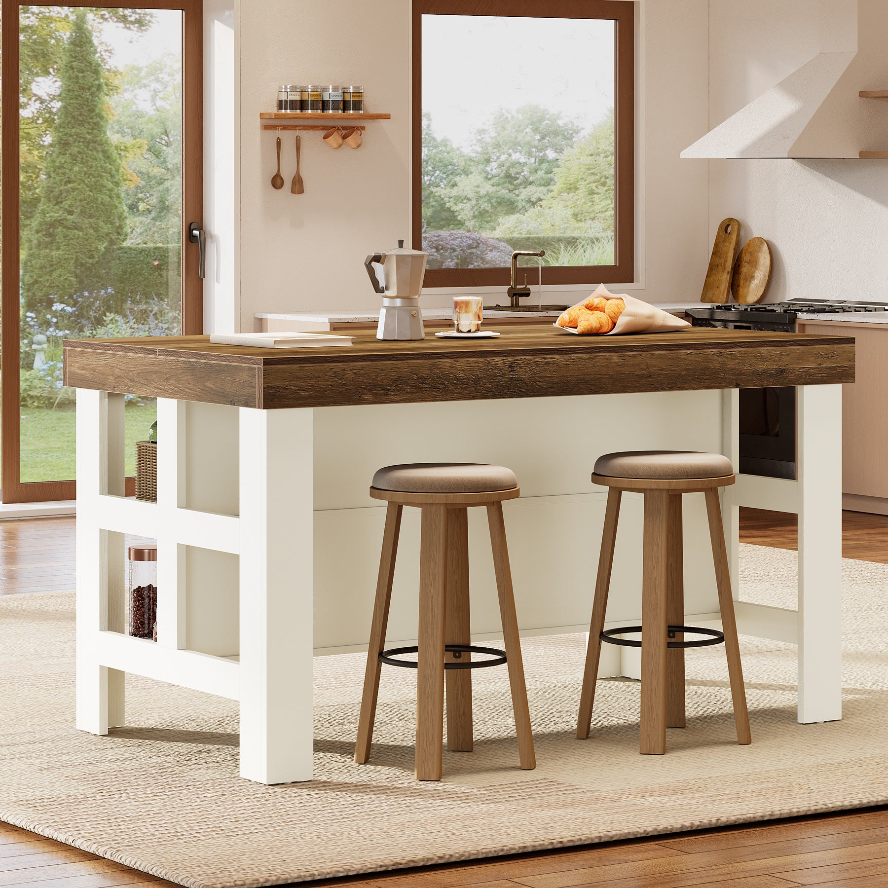 Tribesigns 55.1-Inch Kitchen Island with Seating and Storage Shelves, Farmhouse Breakfast Counter Table for Kitchen and Dining Room