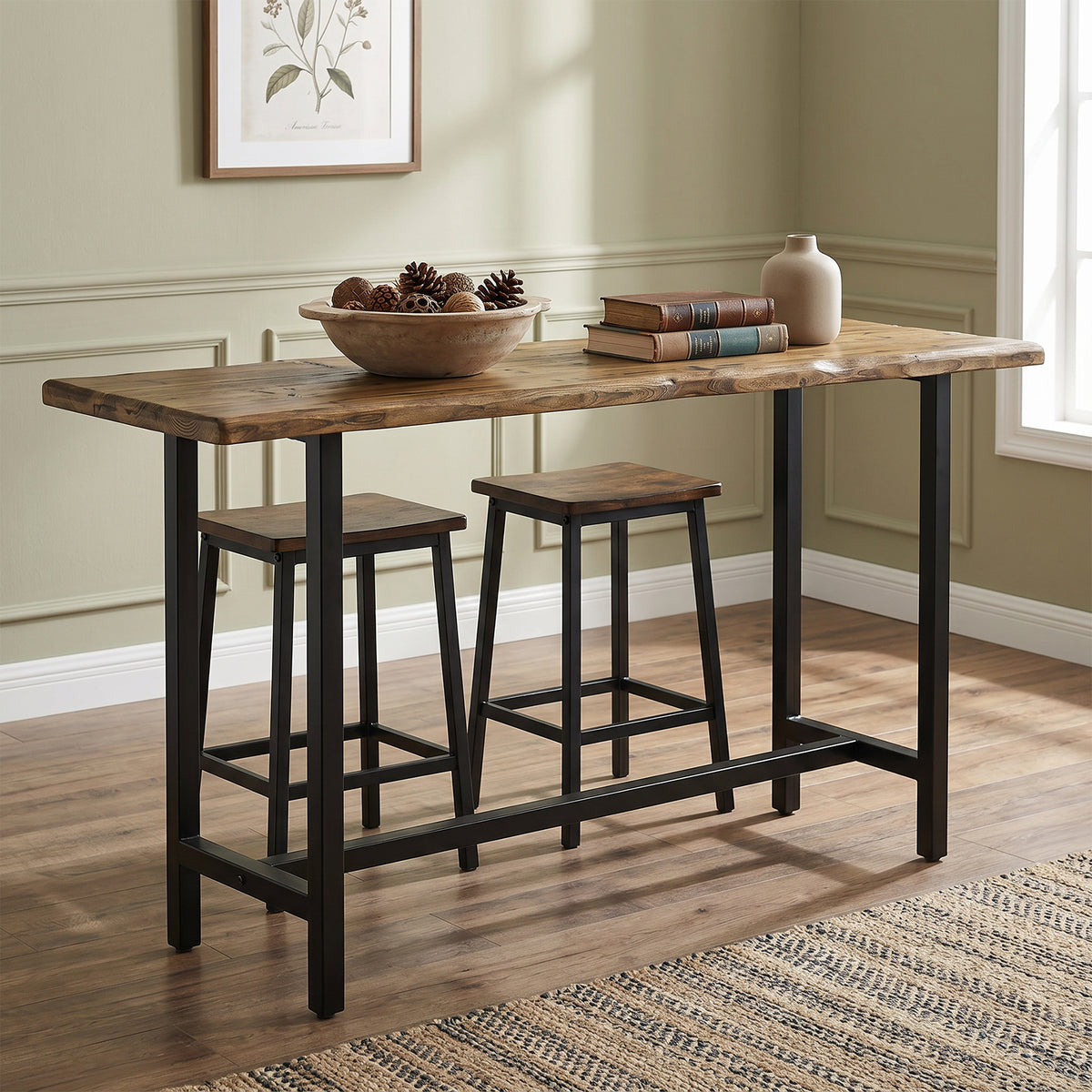 63 Inch Solid Wood Bar Table with Metal Footrest, Counter Height Dining Table for Home and Office