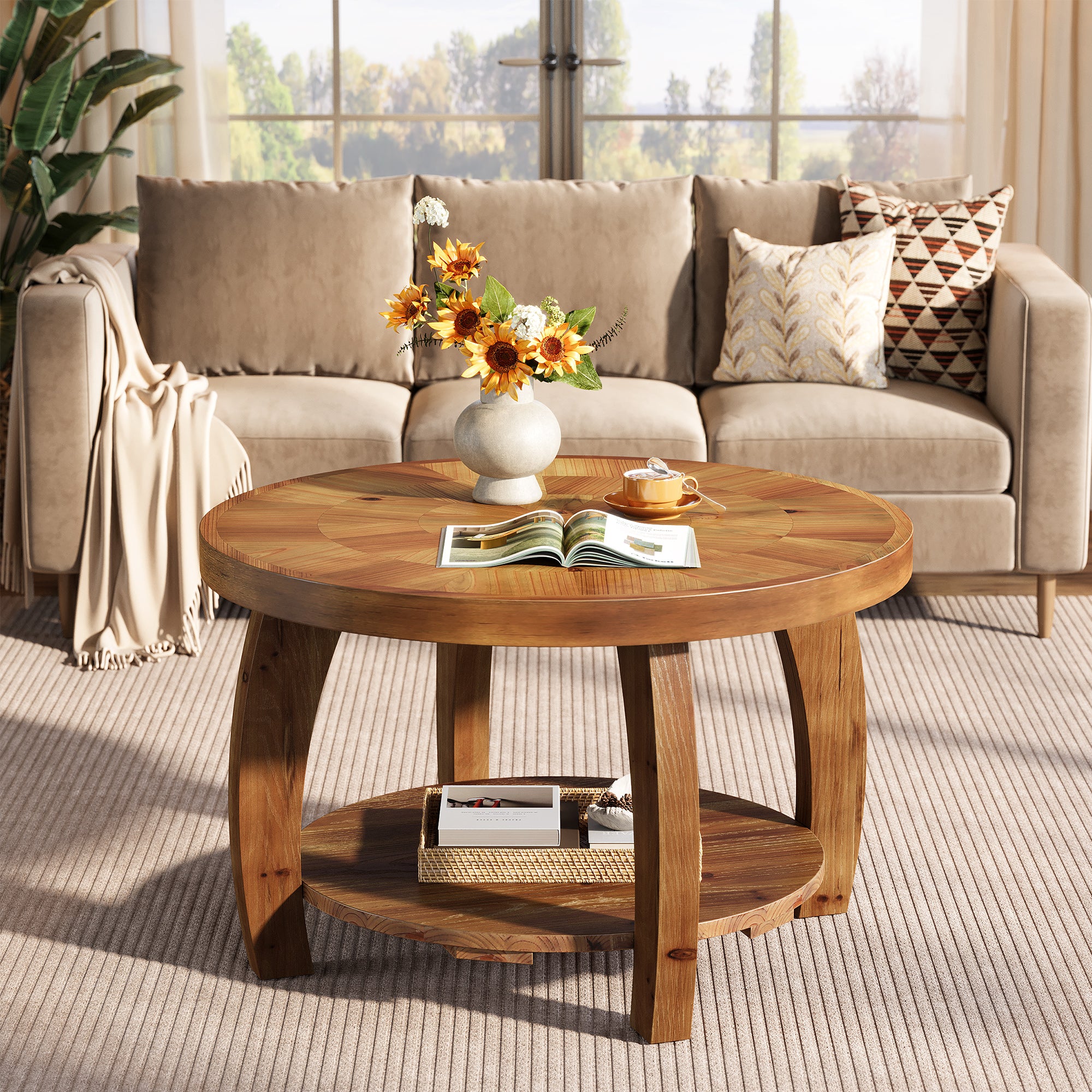 31.5-Inch Solid Wood Round Coffee Table, 2-Tier Center Table with Mosaic Pattern and Storage