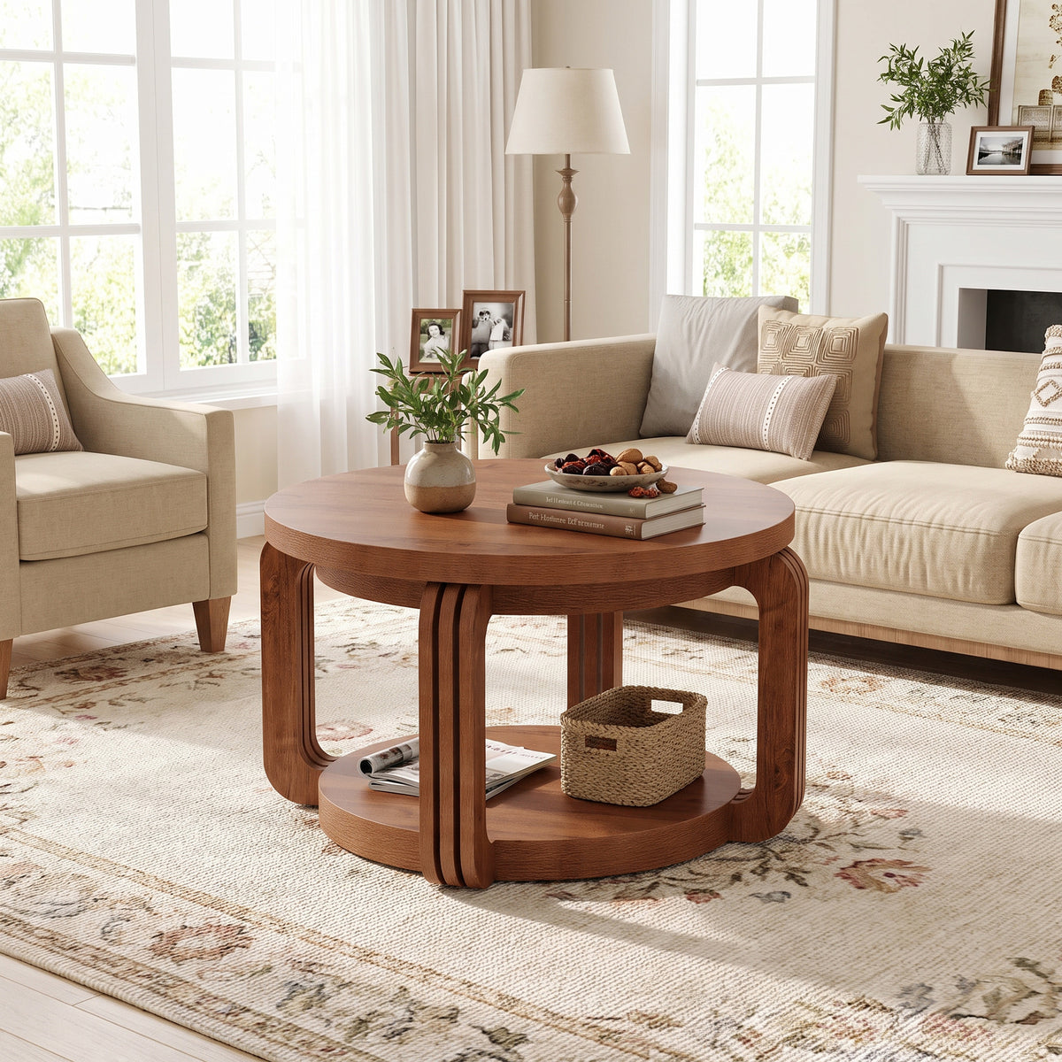31.5 Inch Round Coffee Table with 2-Tier Storage Shelf, Modern Rustic Center Table for Living Room