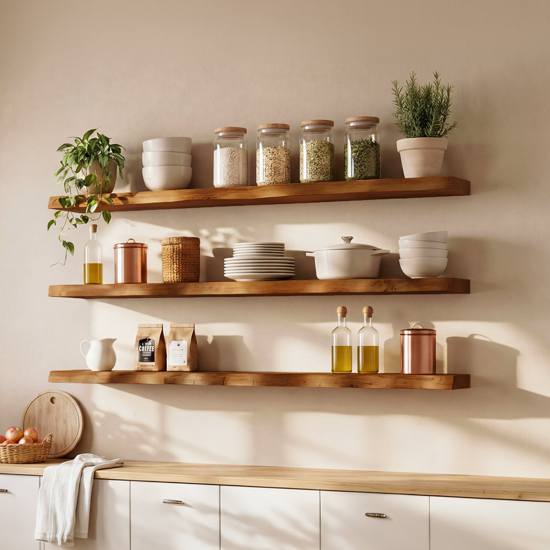 Tribesigns 47.24" Solid Wood Floating Shelves Set of 3 with Live Edge Design, Wall Decor Storage