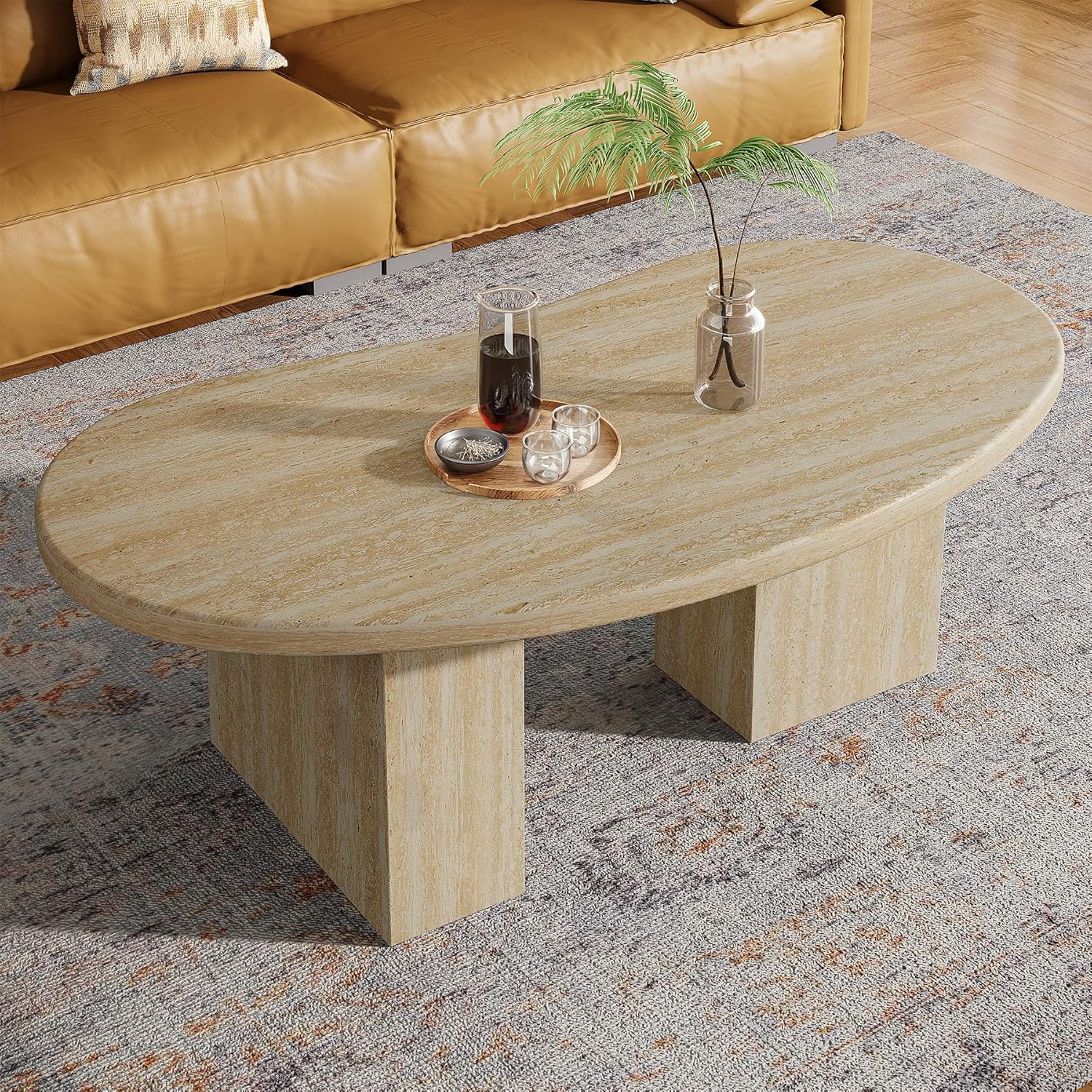45.28" Oval Oak Coffee Table - Large Asymmetric Pedestal Cocktail Table in Engineered Wood for Living Room