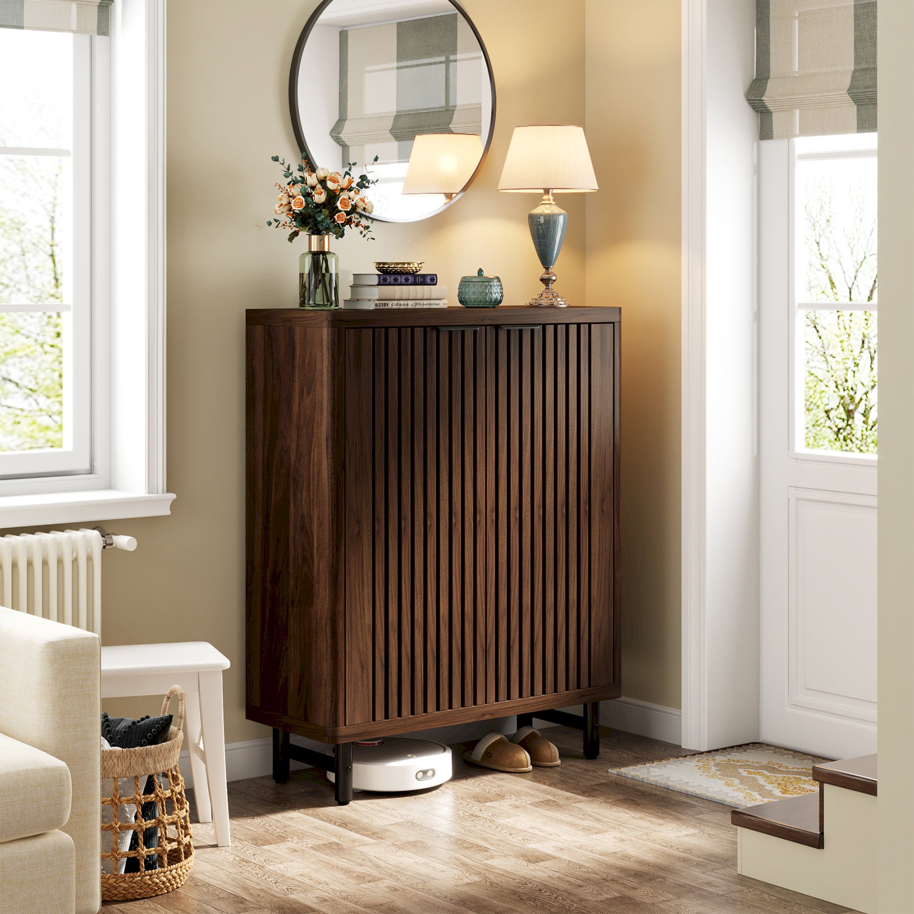 33.46-Inch 6-Tier Farmhouse Shoe Cabinet with Shutter Doors, Wooden Shoe Organizer with Adjustable Shelves for Entryway and Hallway