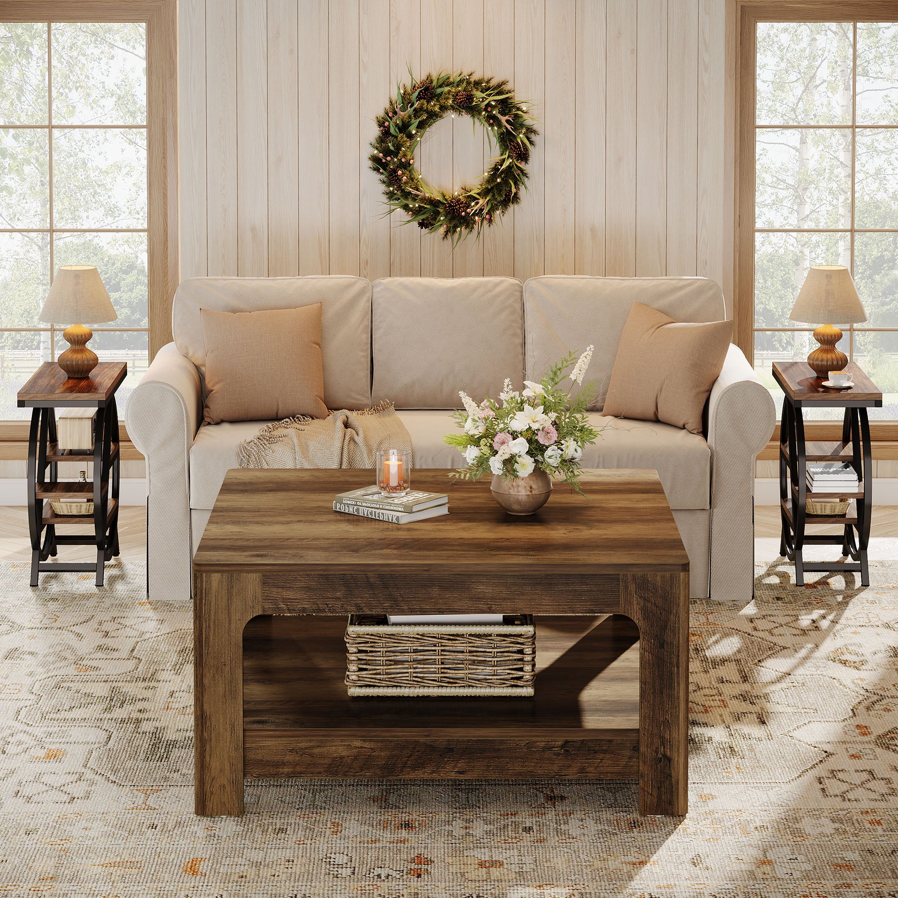 Tribesigns 39.4-Inch Square Coffee Table, Large Farmhouse Center Table with Storage Shelf for Living Room