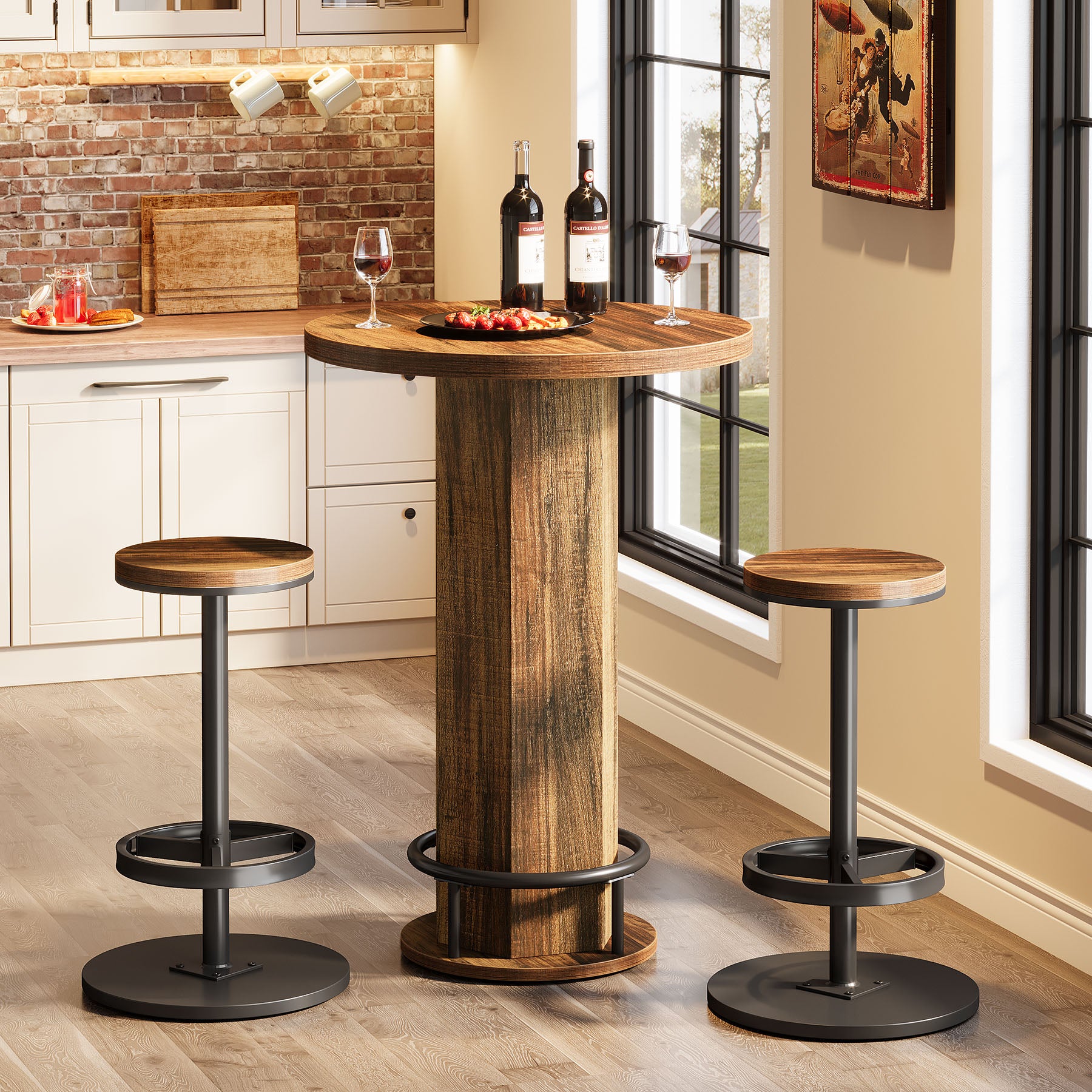 Tribesigns 23.62-Inch Round Bar Table Set, Industrial Bistro Table with 2 Bar Stools and Metal Footrest for Kitchen Apartment