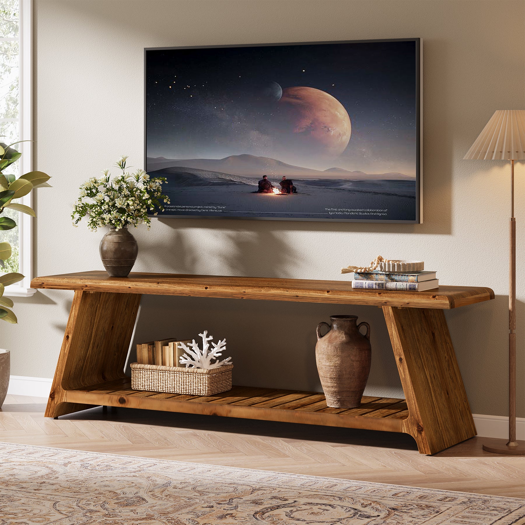 Tribesigns 63-Inch Solid Wood TV Stand with 2-Tier Storage, Farmhouse Media Console for Living Room and Bedroom