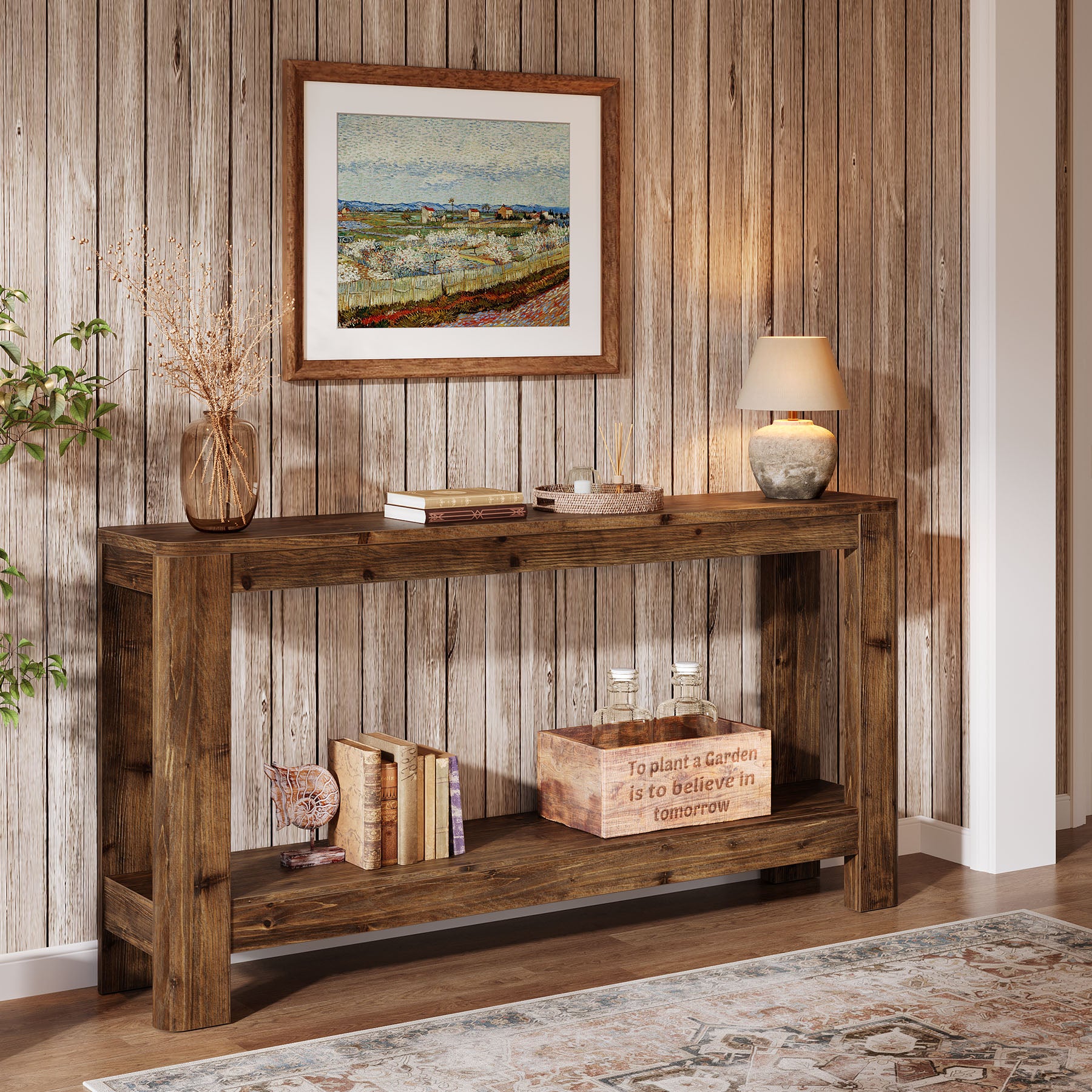 63" Console Table, Solid Wood Farmhouse Sofa Table with 2-Tier Storage