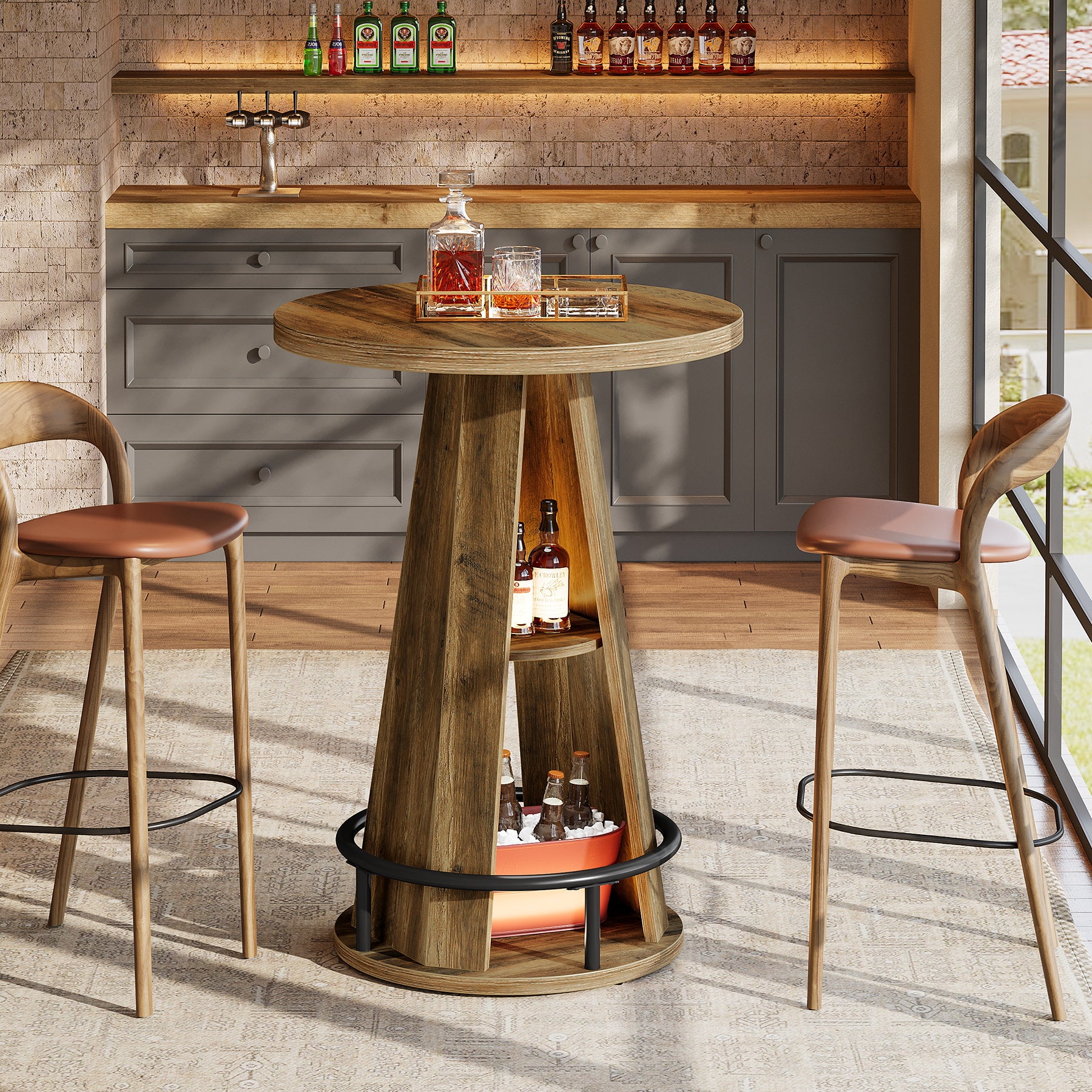 39.4-Inch Round Bar Table, High Top Industrial Bistro Table with Storage and Metal Footrest