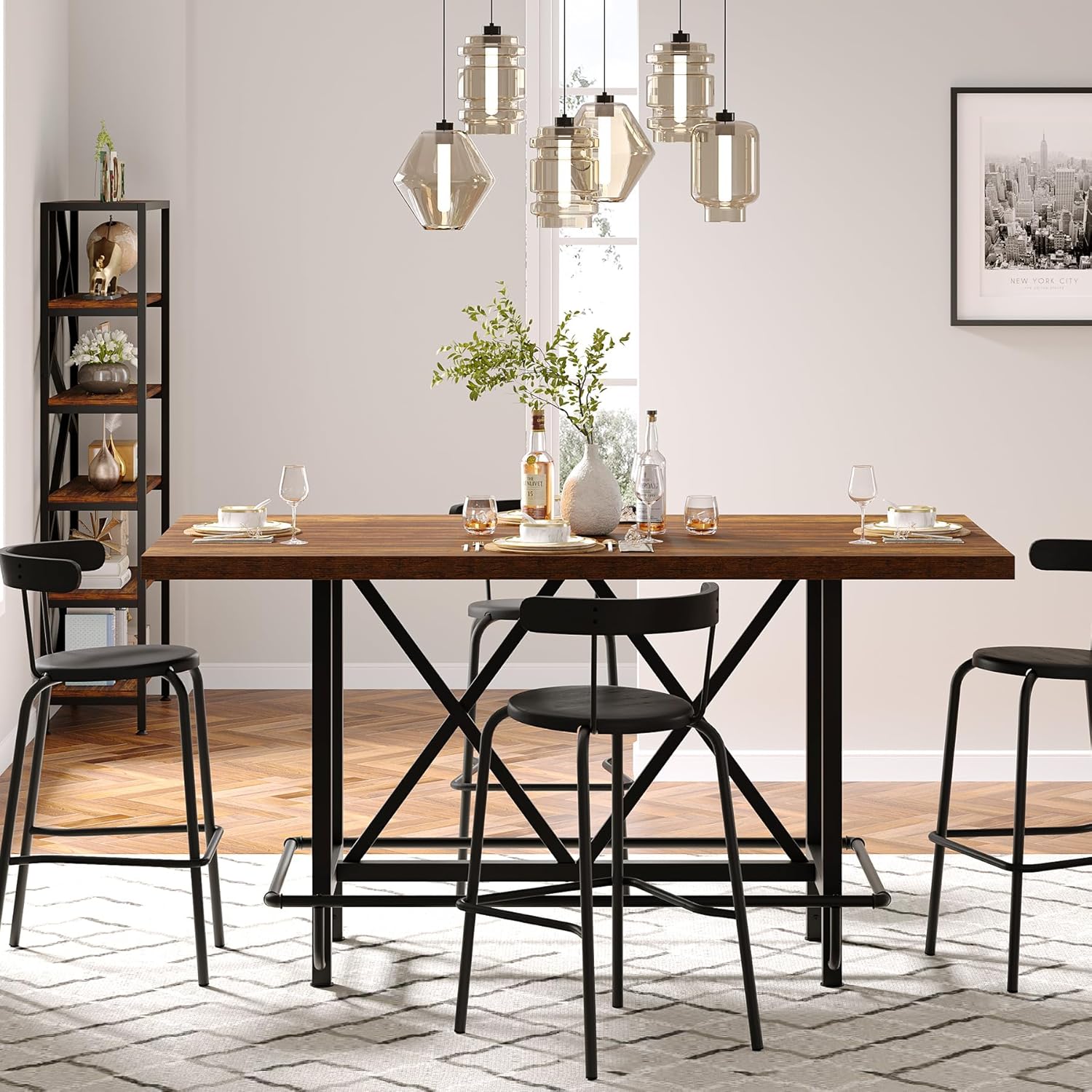 35" Counter Height Dining Table for 6 with Metal Footrest, Rectangular Rustic Brown