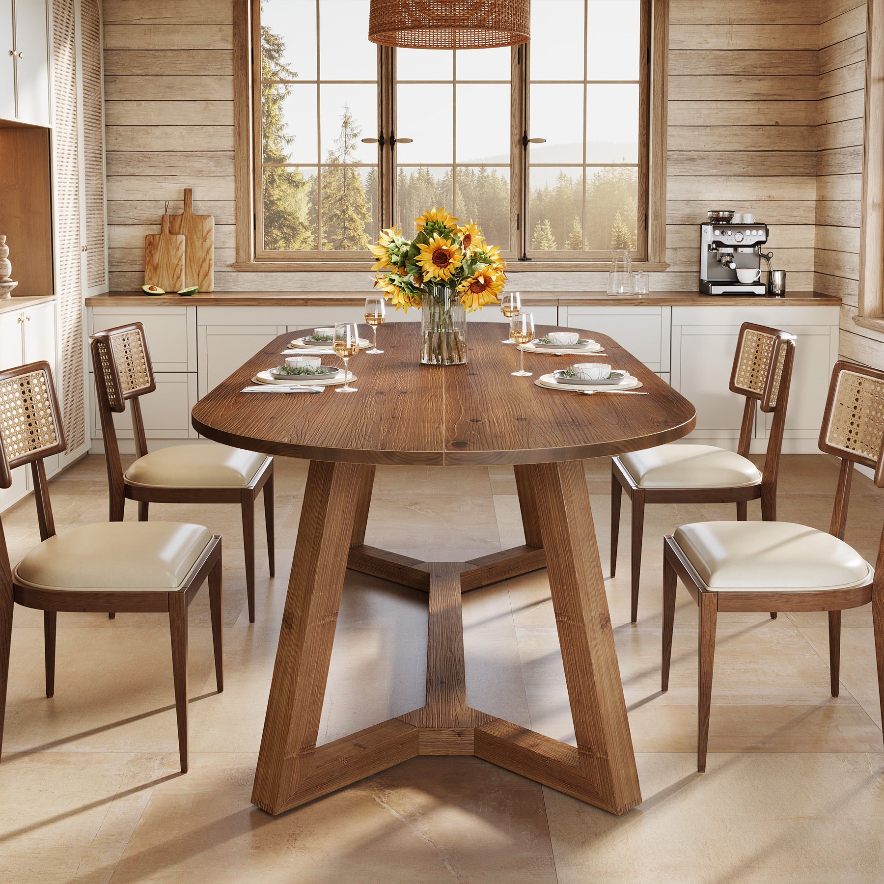 63" Oval Solid Wood Dining Table for 4-6, Farmhouse Kitchen Table with Sturdy Tapered Legs